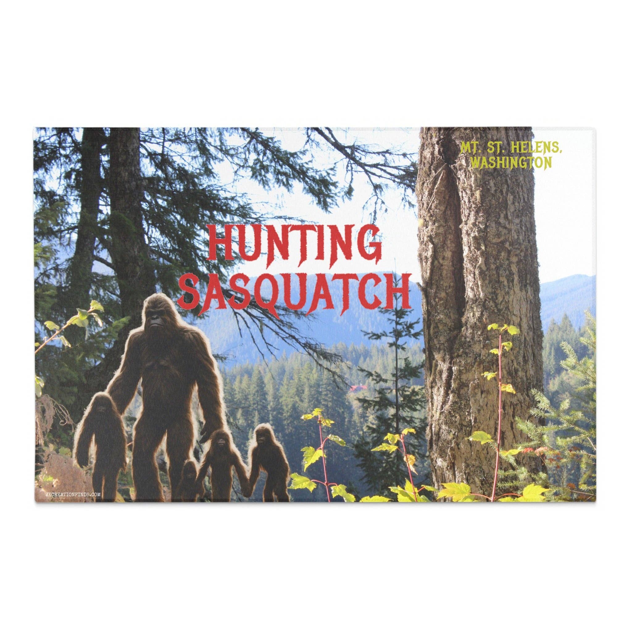 Sasquatch Family AREA RUG, Bigfoot Hunt, Mt St Helens Washington, Funny Home Decor, Customizable Rug, Personalized Gift