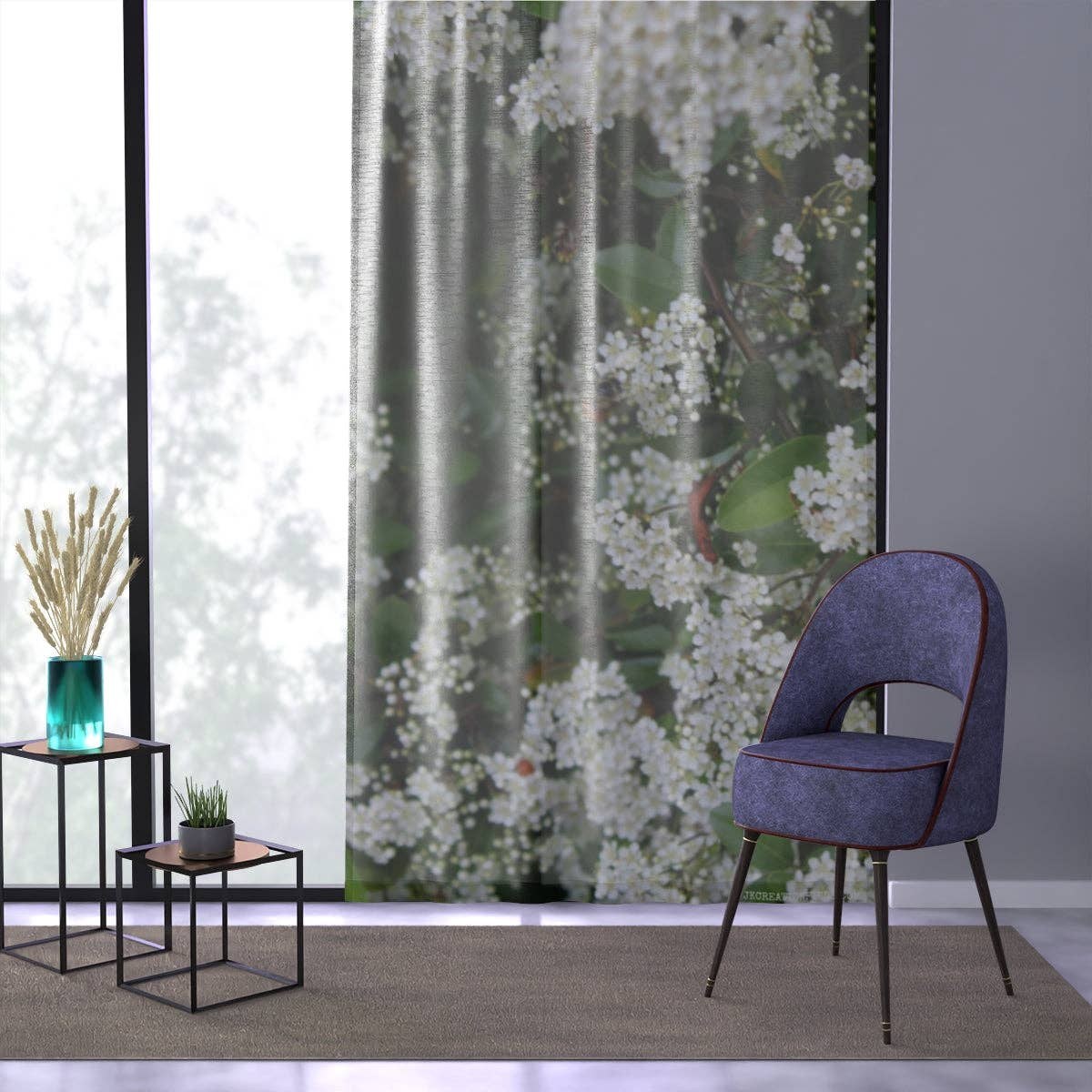 White Flowers Window Curtain, Floral Print Curtain, Nature Inspired Drapes, Bumble Bee Design, Botanical Home Decor, Living Room Curtain