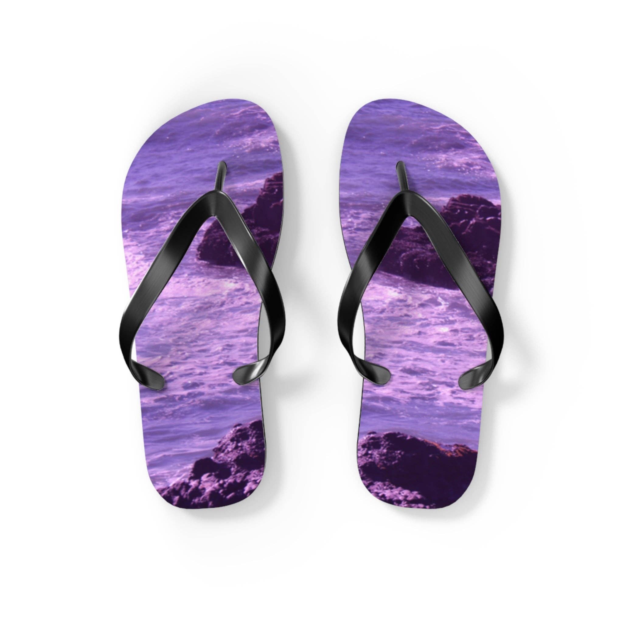 Purple Ocean Waves Flip Flops, Dark Coastal Beach Sandals, Aesthetic Moody Sea Footwear, Unique Summer Vacation Gift For Her