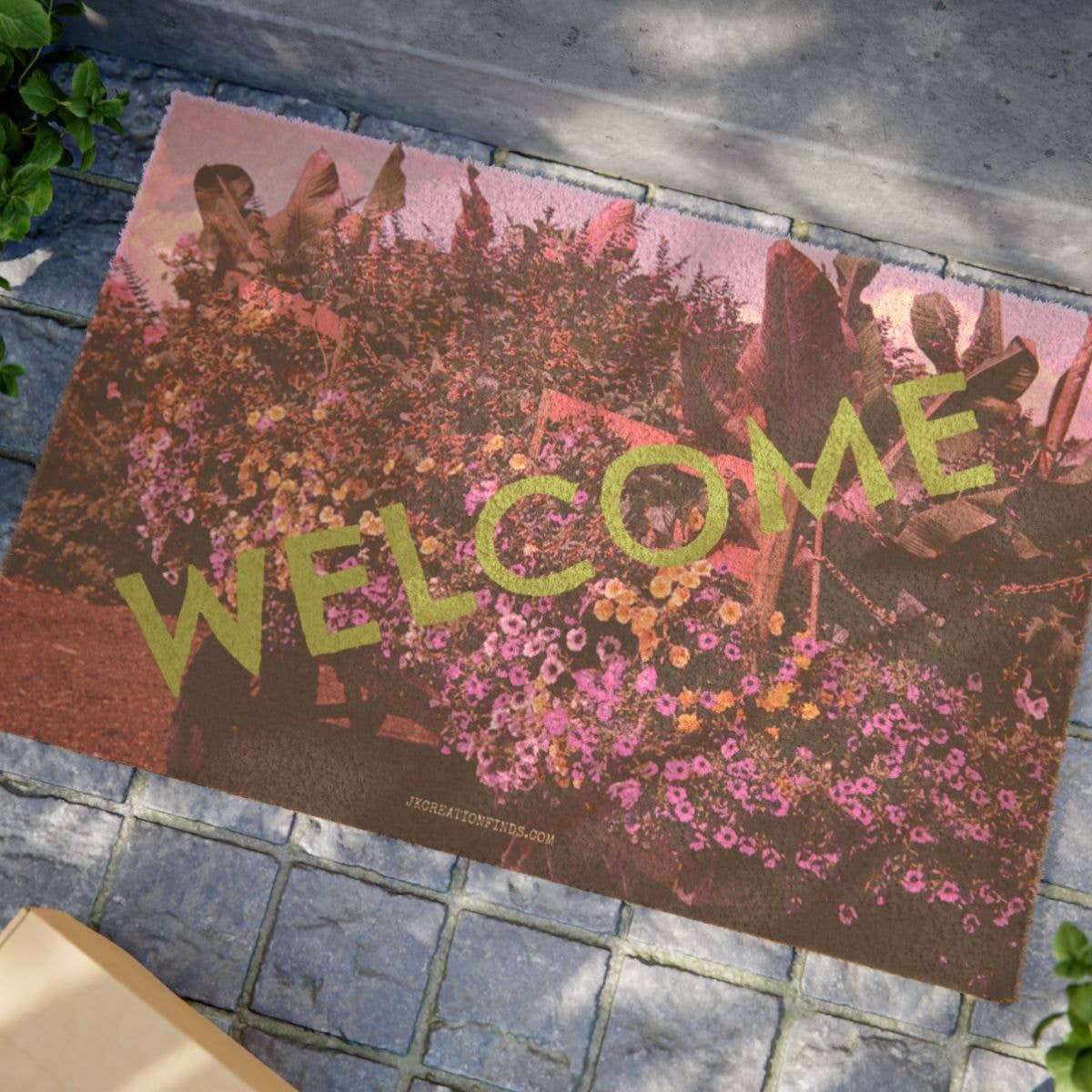 Vibrant Floral Welcome Doormat, Colorful Flower Wagon Entryway Mat, Blooming Garden Art Front Door Mat, Unique Housewarming Gift