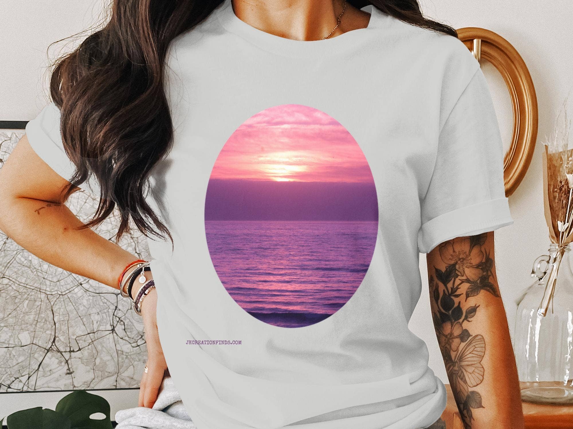 Stunning Sunset Photo T-Shirt, Ocean Sunset Tee, Pink and Purple Sky Shirt, Beach Lover Gift, Unique Graphic Tee, Coastal Vibes