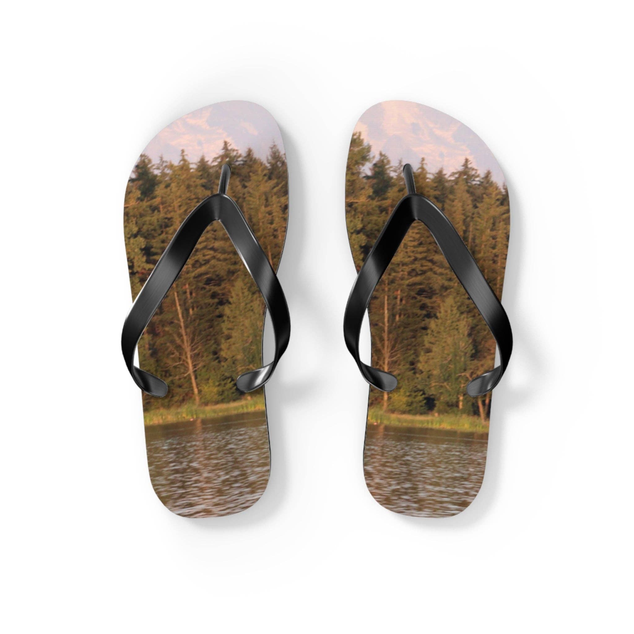 Scenic Mountain Lake View Flip Flops | Nature Print Outdoor Sandals | PNW Landscape Beach Shoes | Tranquil Forest