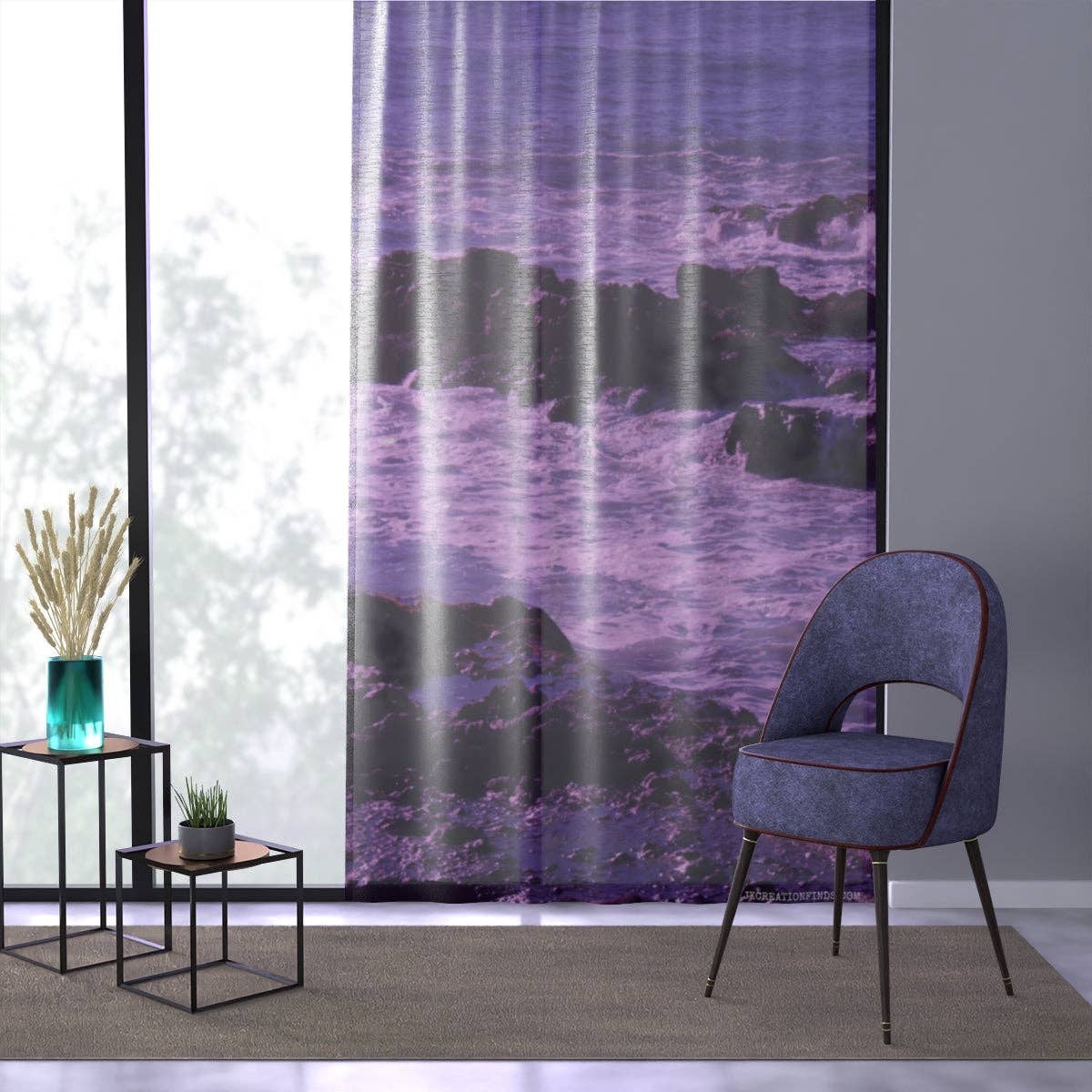 Purple Ocean Waves Window Curtain, Coastal Decor, Sea Rocks, Beach Scenery, Nature Photography, Unique Home Decor, Relaxing Ocean View