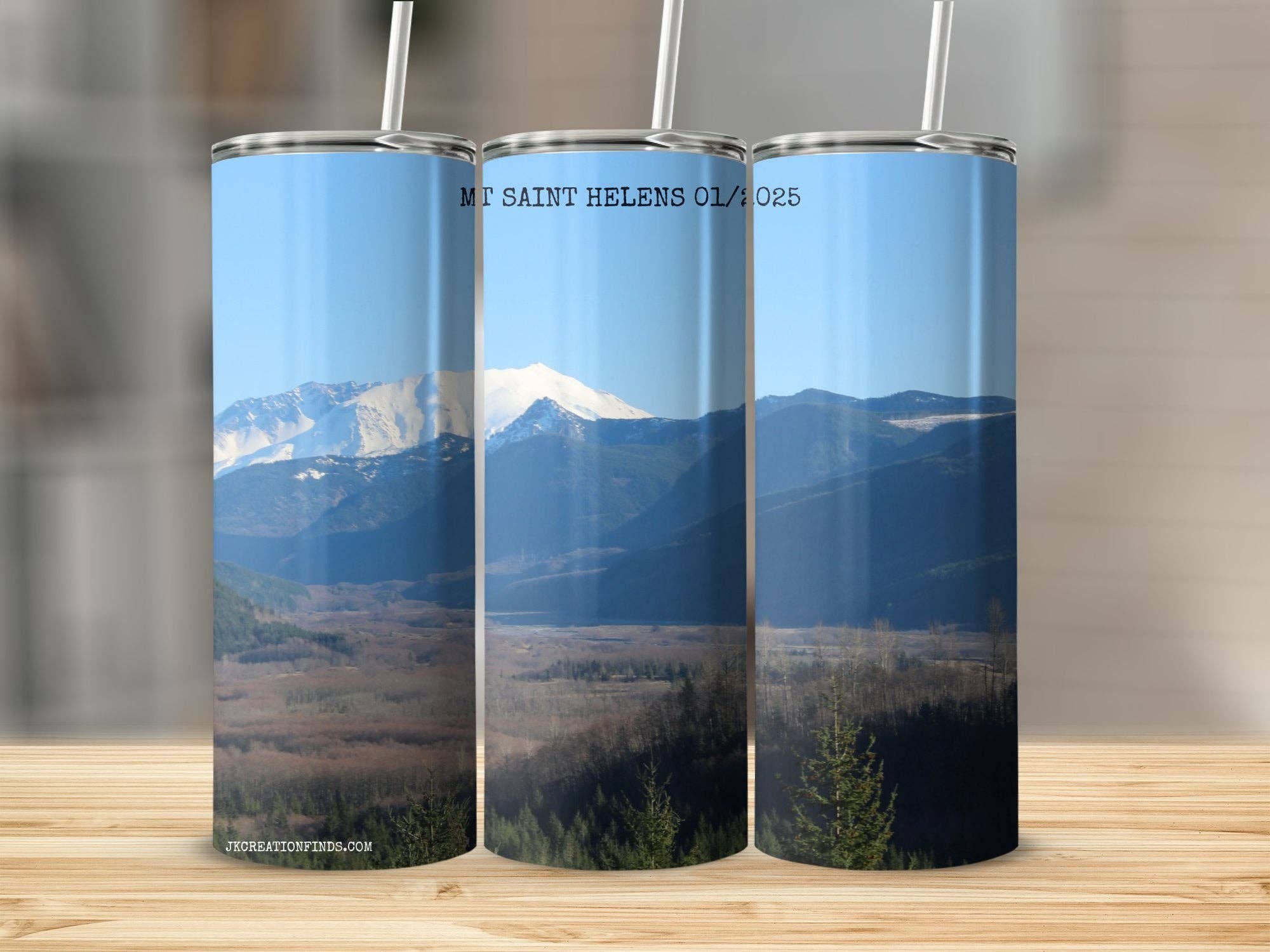 Scenic Mt Saint Helens photo tumbler, Customizable mountain view travel mug, Eco-friendly insulated cup, Perfect gift for hikers