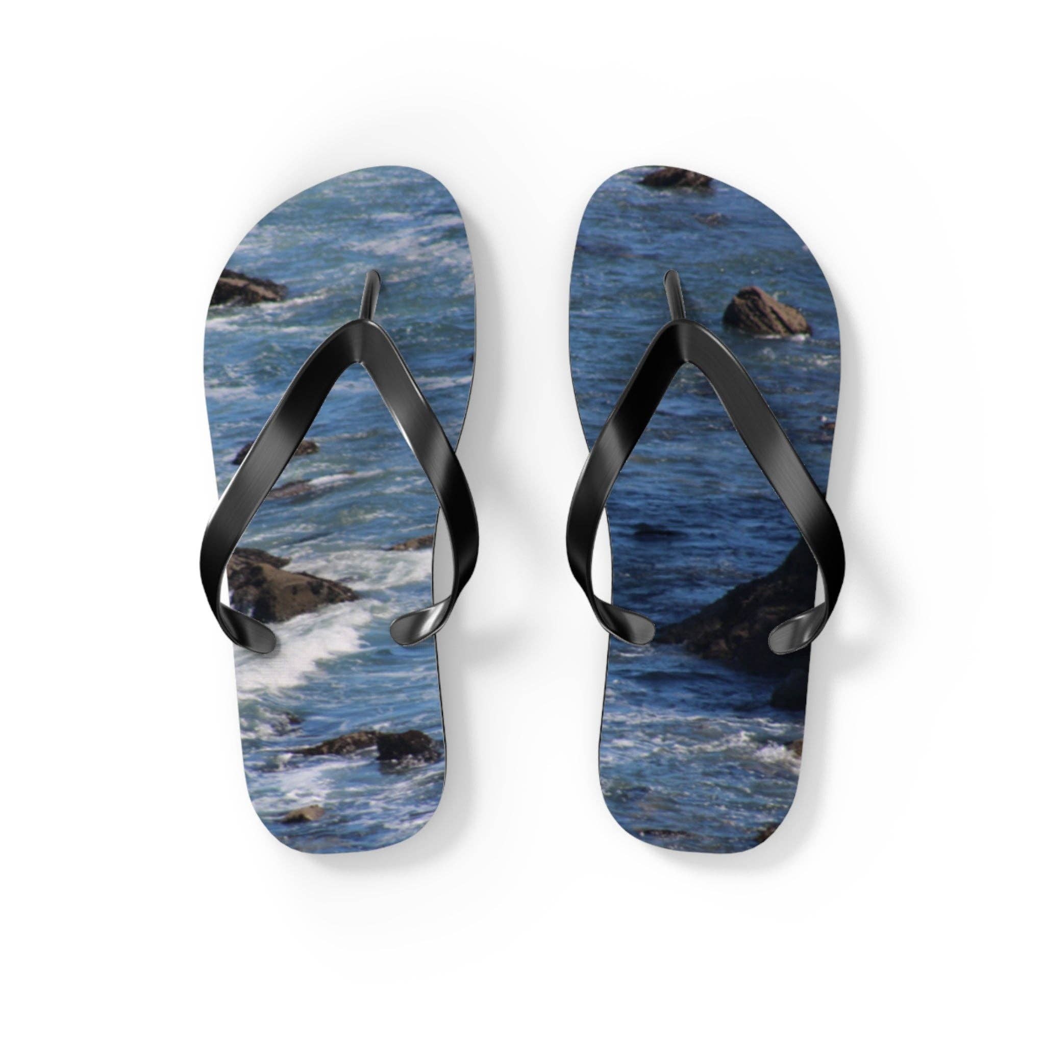 Ocean Waves Flip Flops, Coastal Beach Summer Footwear with Crashing Blue Waters & Rocks, Nature-Inspired Vacation Sandals, Beach Lover Gift