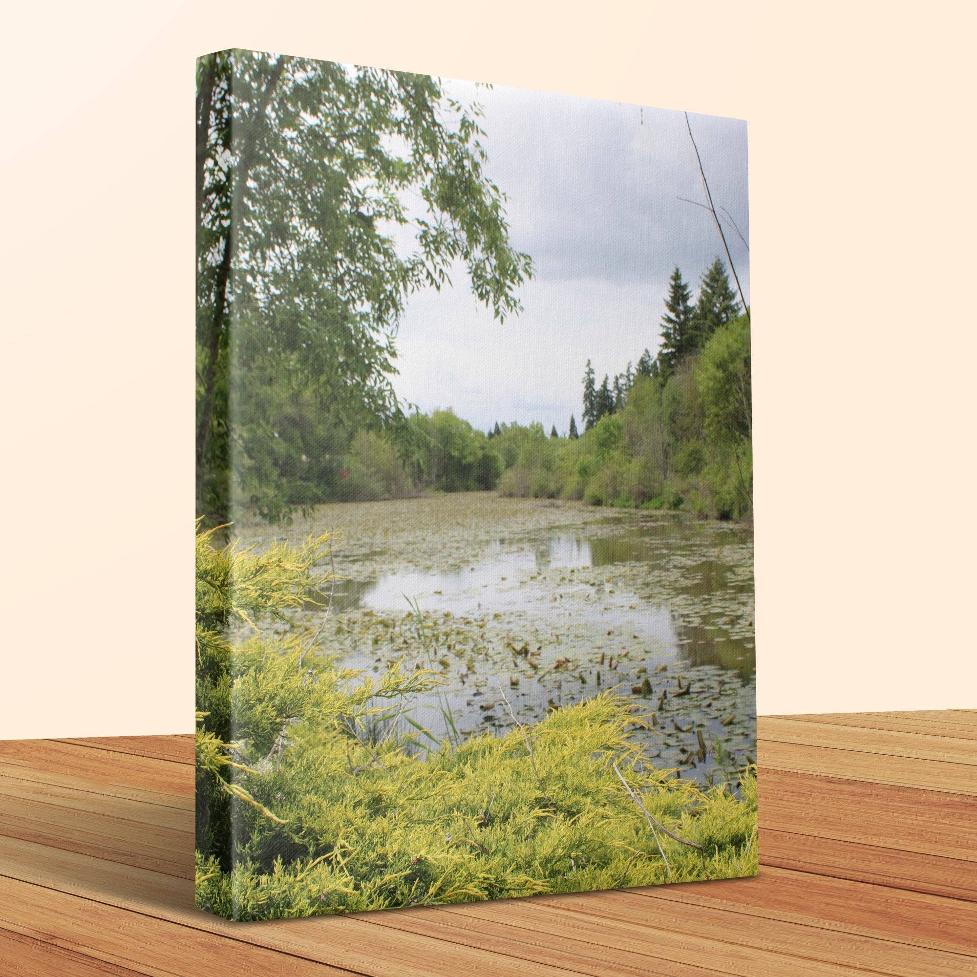 Serene Pond Canvas Wrap, Lily Pad Decor, Nature Wall Art, Relaxing Scenery, Editable Photo Gift, Landscape Painting, Unique Home Decor