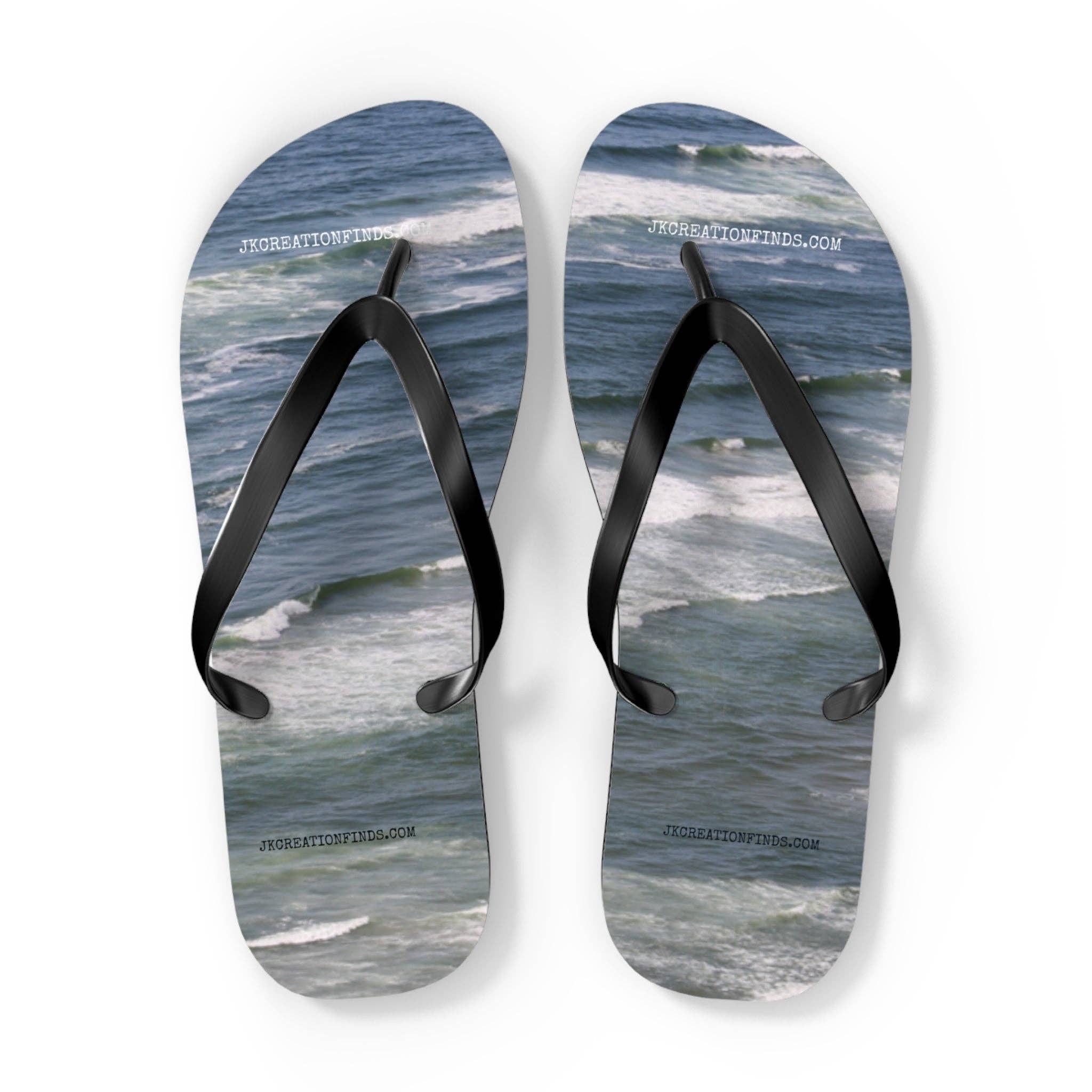 Ocean Waves Flip Flops, Beach Lover Gift, Coastal Style Sandals, Summer Footwear, Sea Scape Design, Vacation Ready Thongs, Trendy Flip Flops