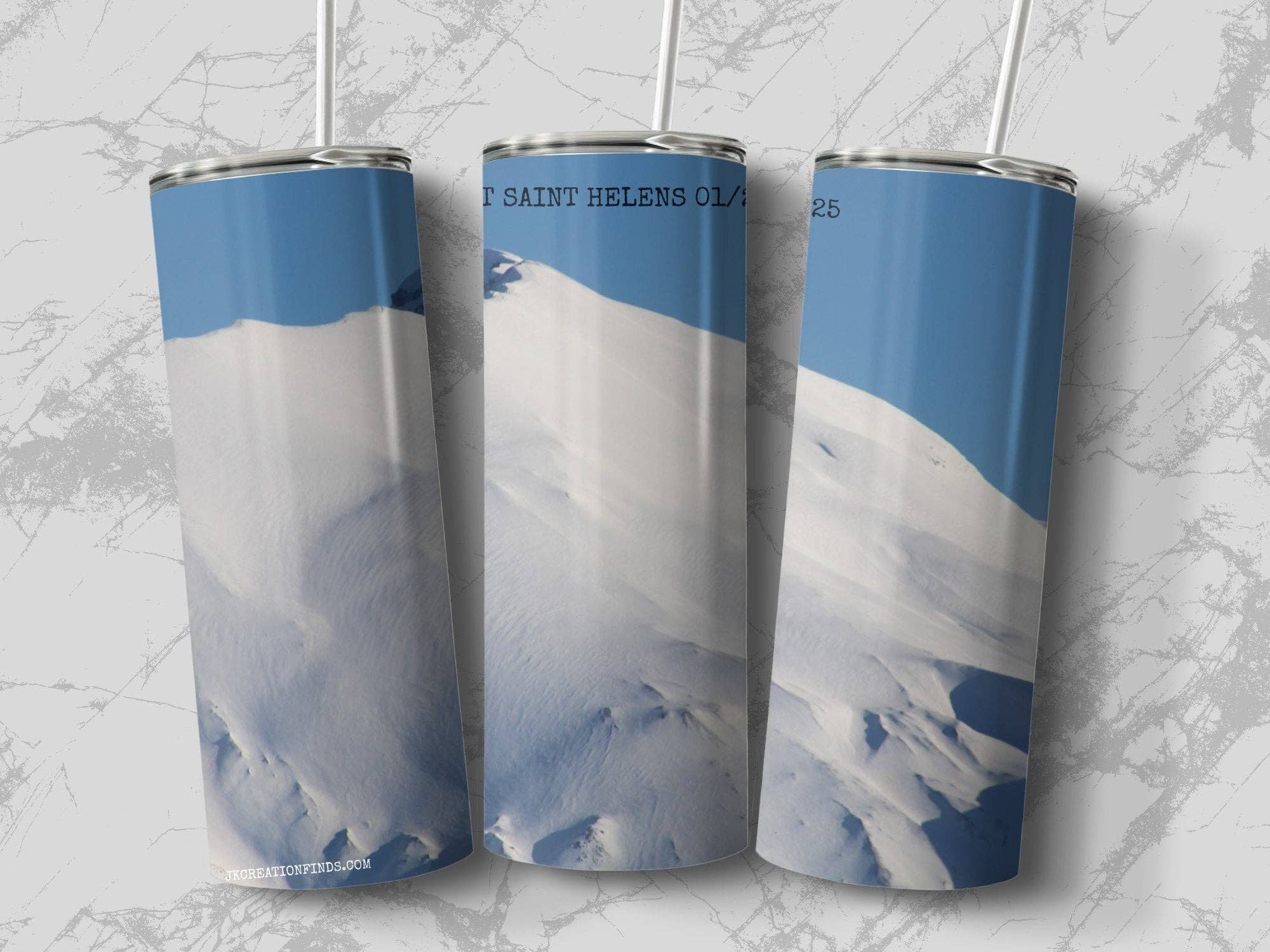 Tumblers with Mt Saint Helens Print, Snowy Mountain Tumblers, Unique Drinkware for Nature Lovers, Scenic Winter Tumblers, Hiking Gifts