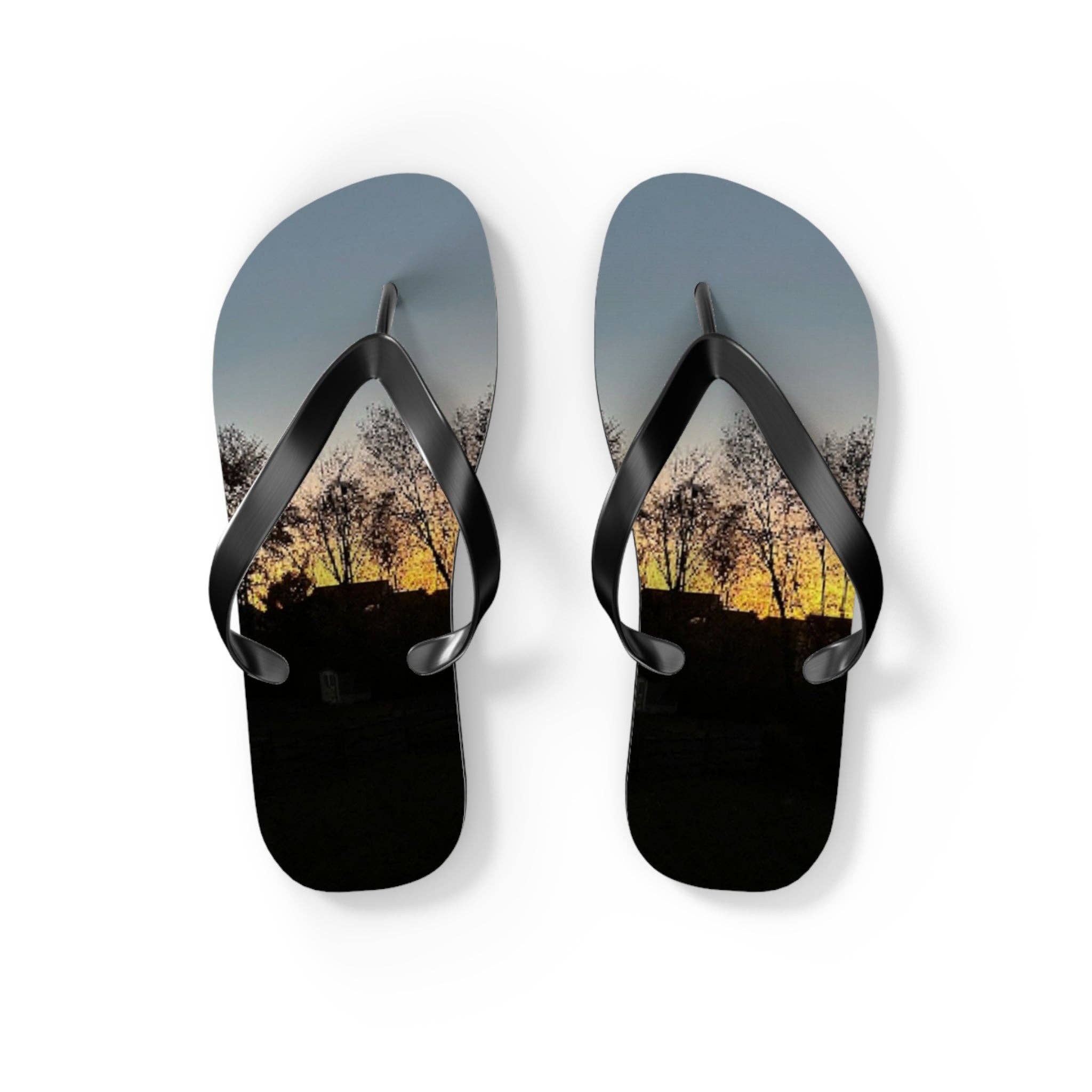 Sunset Silhouette Flip Flops, Nature Lover Summer Sandals, Orange Sky Beach Shoes, Outdoorsy Binocular View Aesthetic Footwear Gift