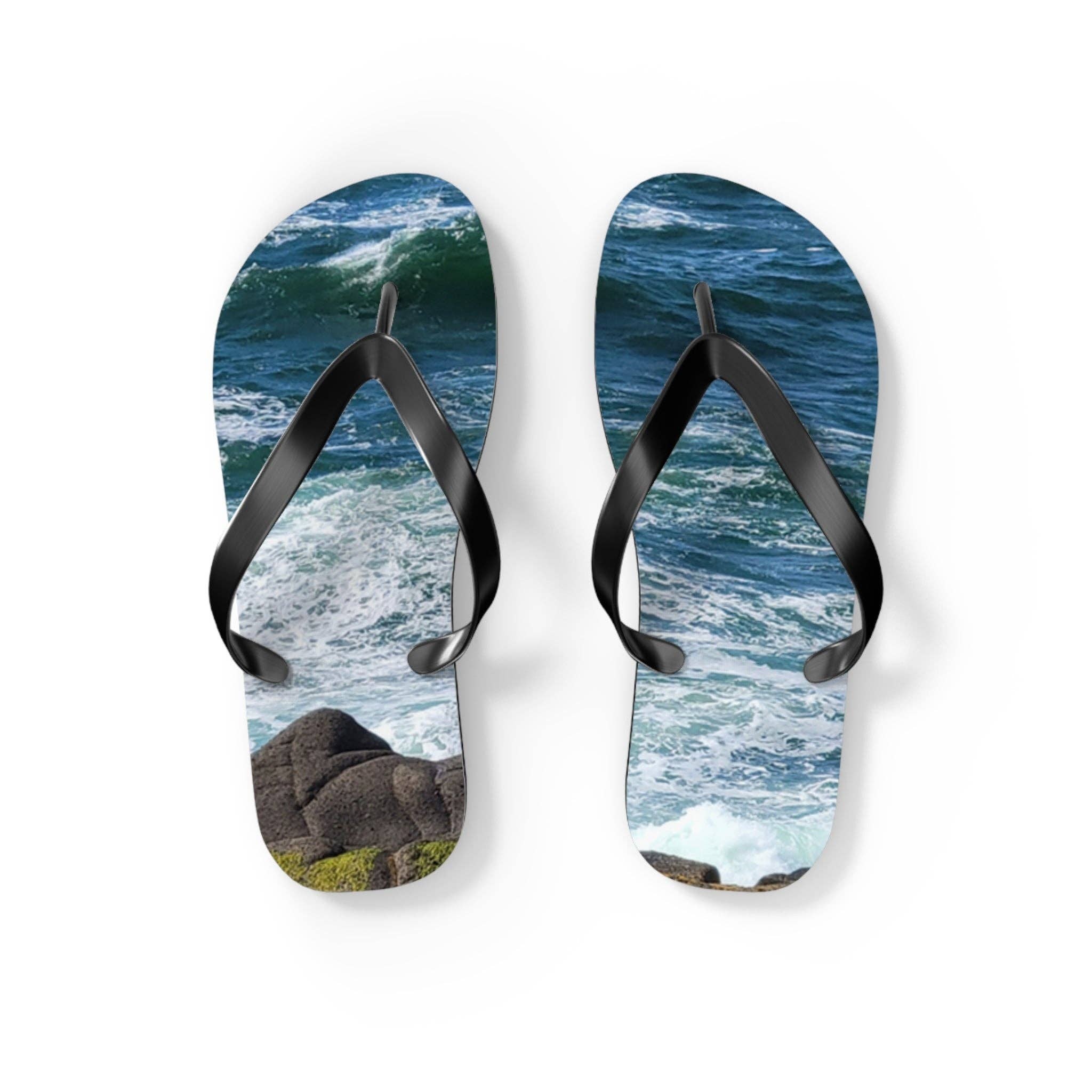 Wild Ocean Wave Flip Flops, Rugged Coastal Rock Beach Sandals, Nature Lover Summer Footwear, Seascape Design Vacation Gift