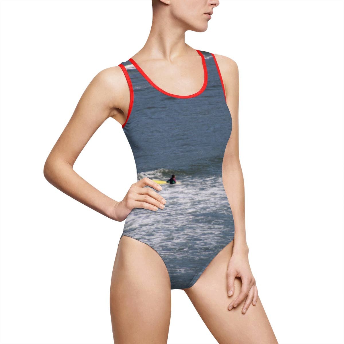 Surfer Women's Classic One-Piece Swimsuit AOP, Surfing Ocean Waves Swimwear, Beach Vacation Swimsuit, Water Sports, Sea Scape Aesthetic