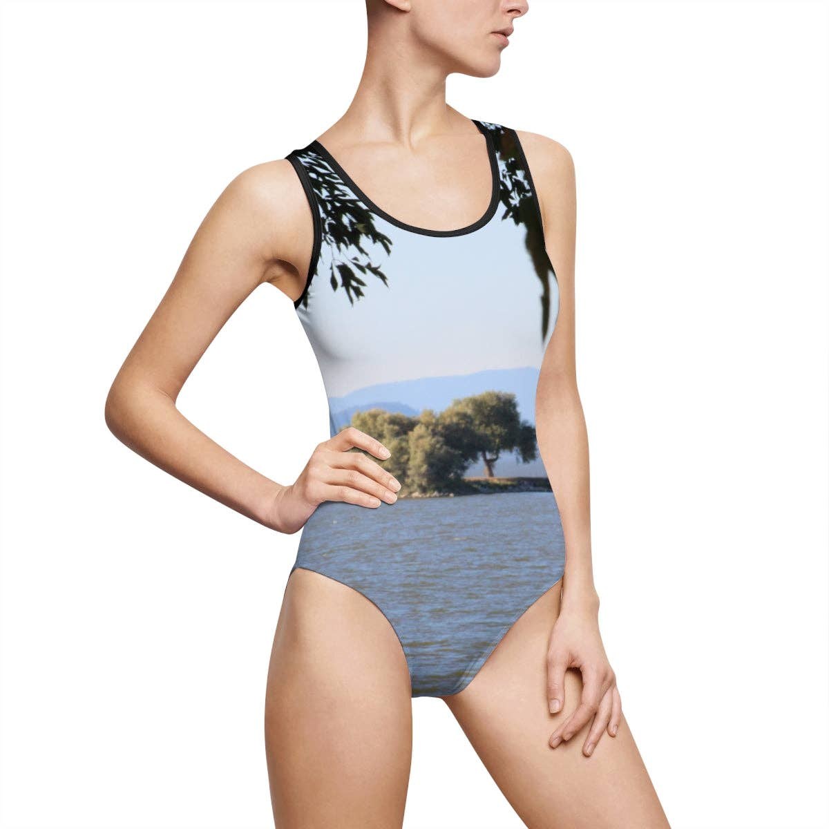 Serene Lake Scene Women's Classic One-Piece Swimsuit AOP, Nature Inspired, Summer Beachwear, Scenic Landscape, Vacation Outfit