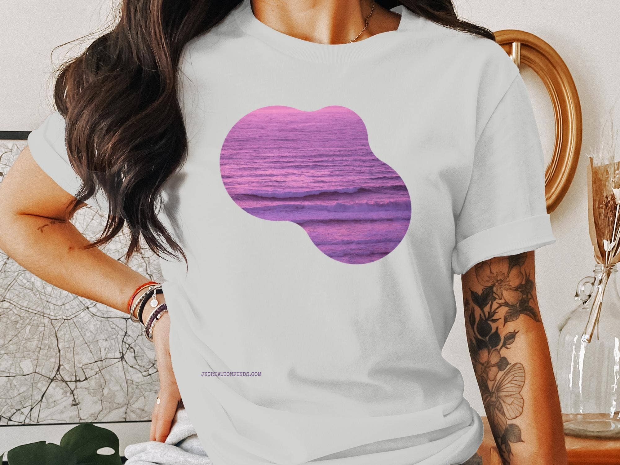 Purple Sunset Ocean T-Shirt, Beach Scene Tee, Ocean Waves Graphic Shirt, Coastal Vibes Top, Scenic Nature Print Tee