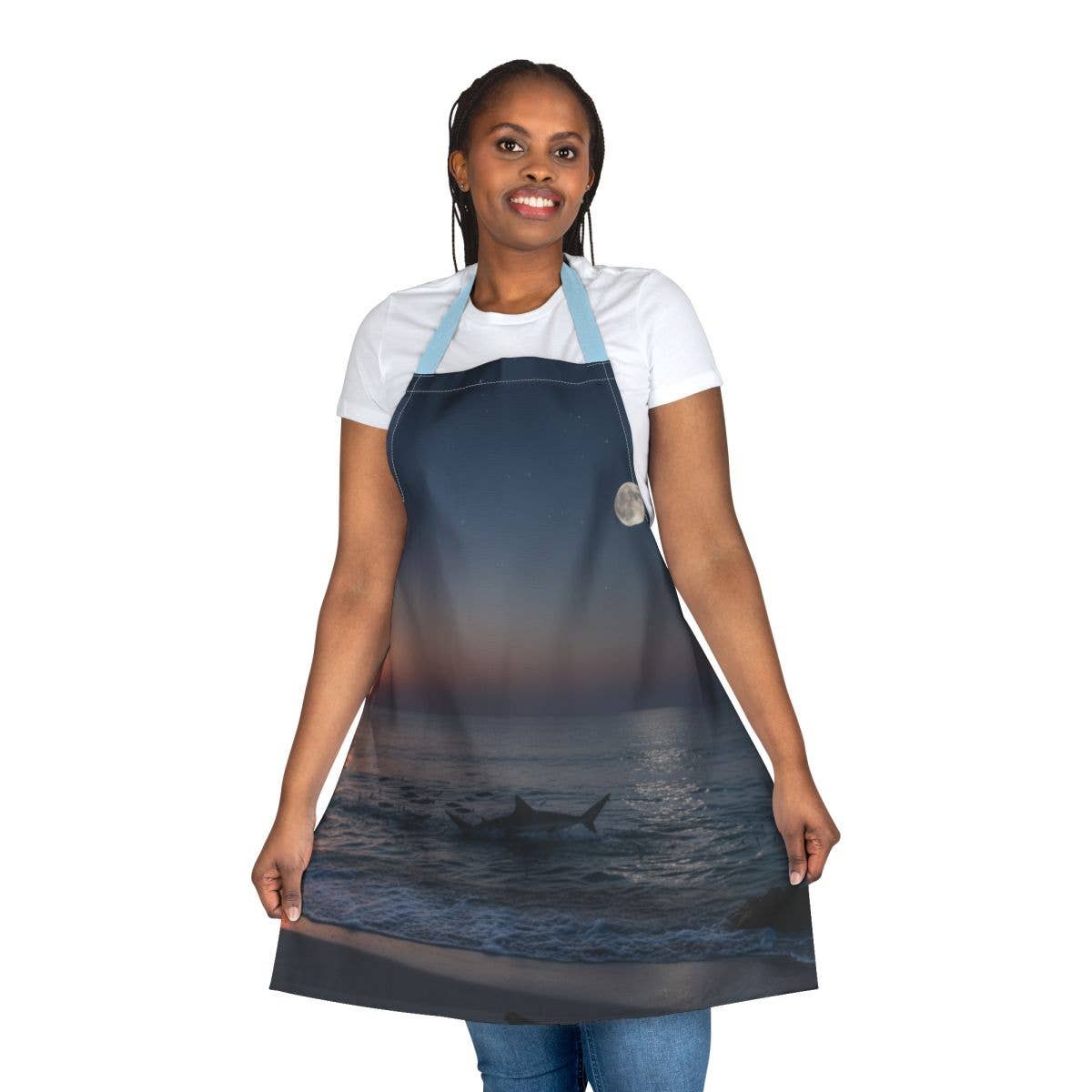 Shark Moonlit Ocean Apron, 5-Color Straps (AOP), Unique Beach Scene, Culinary Art, Baking Gift, Customizable Apron, Gift for Chef