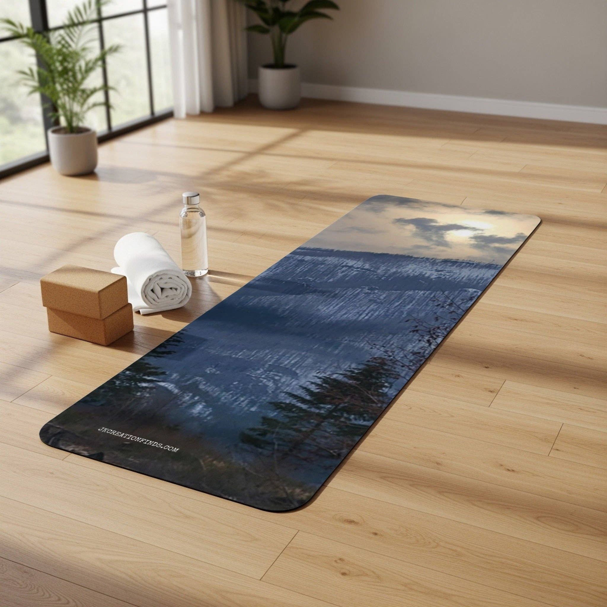 Rubber Yoga Mat, Mountain Sunset Gift, Personalized Exercise Mat, Unique Yoga Gift, Forest Theme Yoga Mat