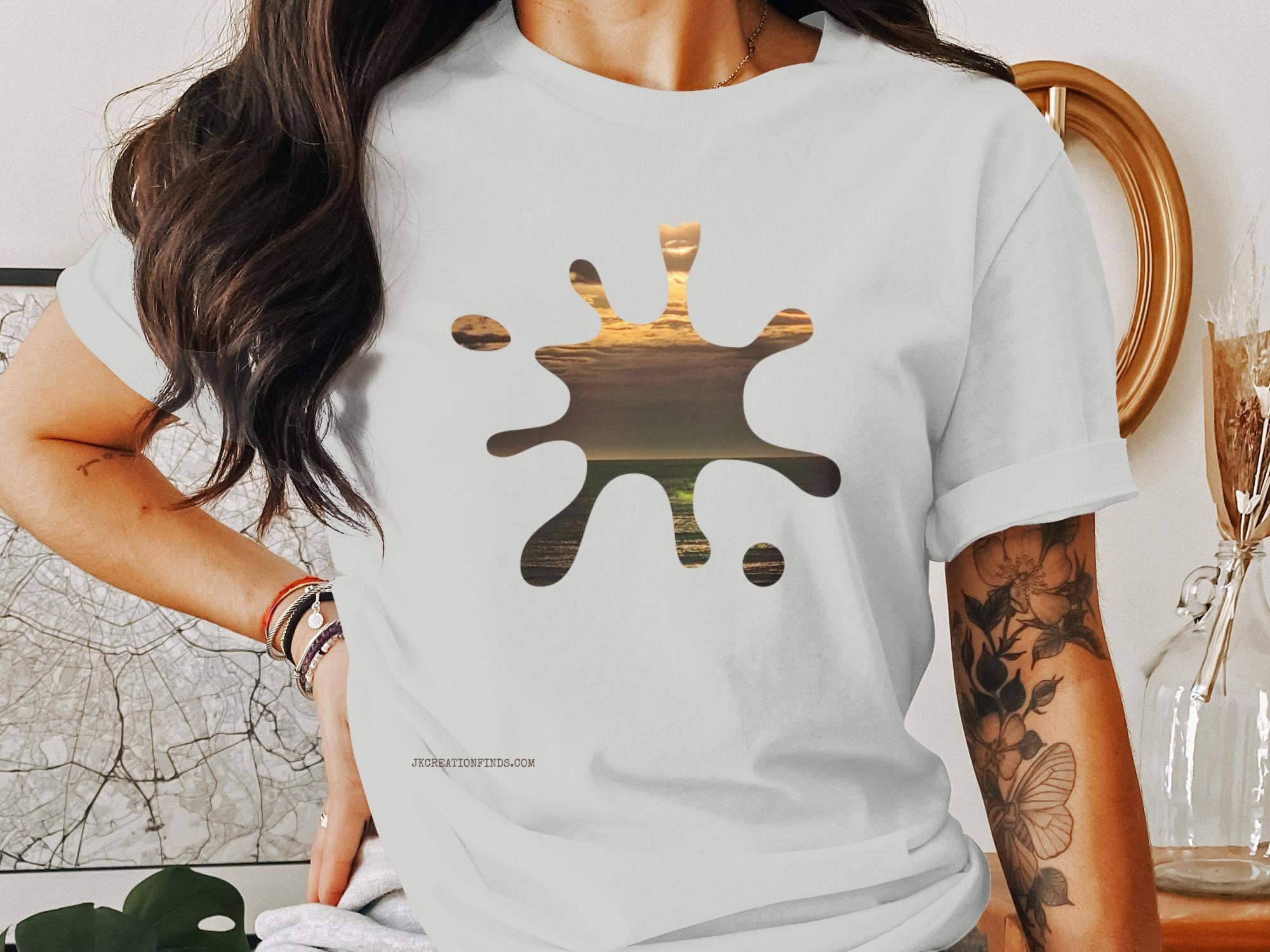 Unique Sunset Splash Design T Shirt, Trendy Graphic Tee, Casual Wear, Customizable T shirt, Stylish Gift Idea, Unisex Apparel