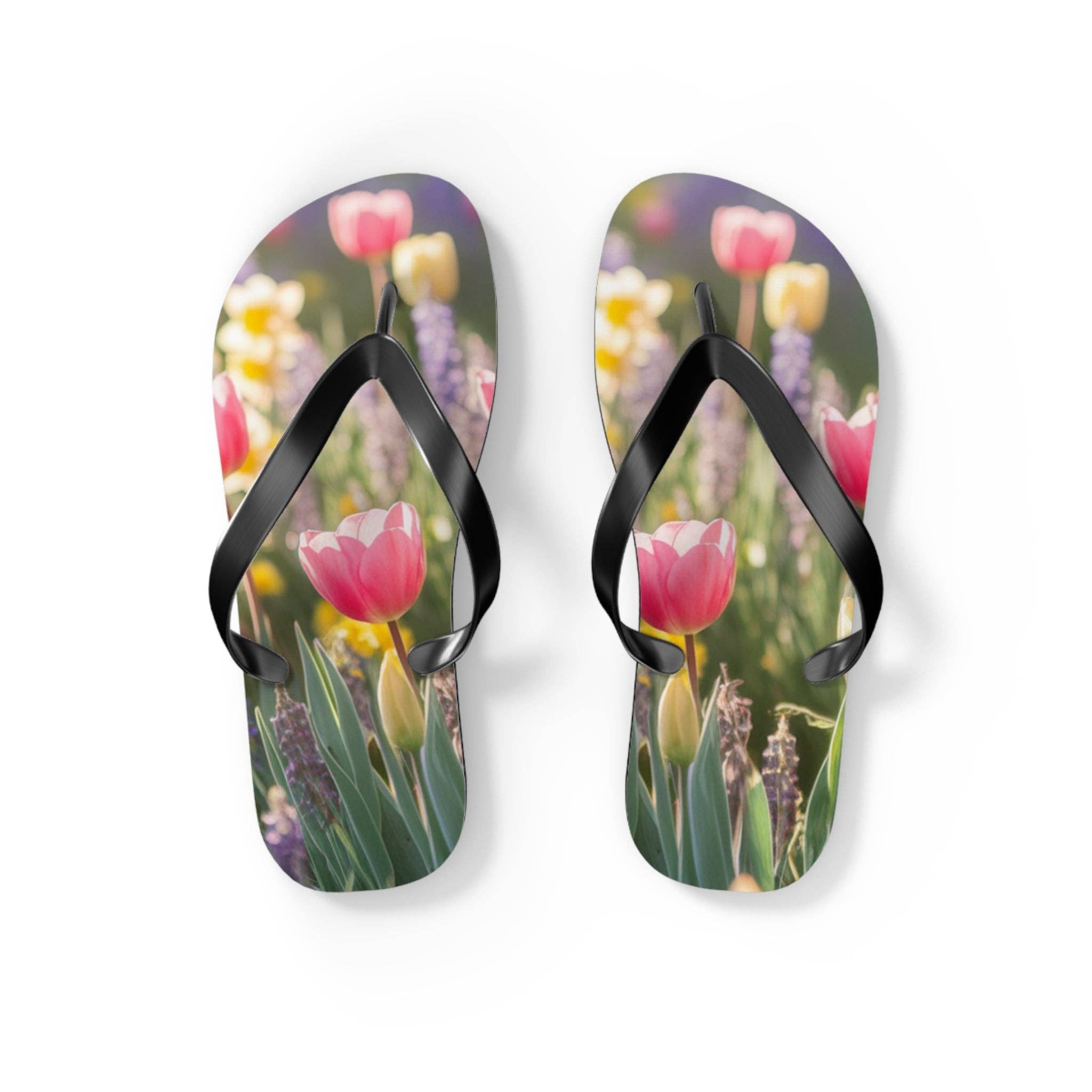 Spring Flower Field Flip Flops, Pink Tulip Daffodil Garden Sandals, Cute Floral Summer Beach Footwear, Nature Lover Gift