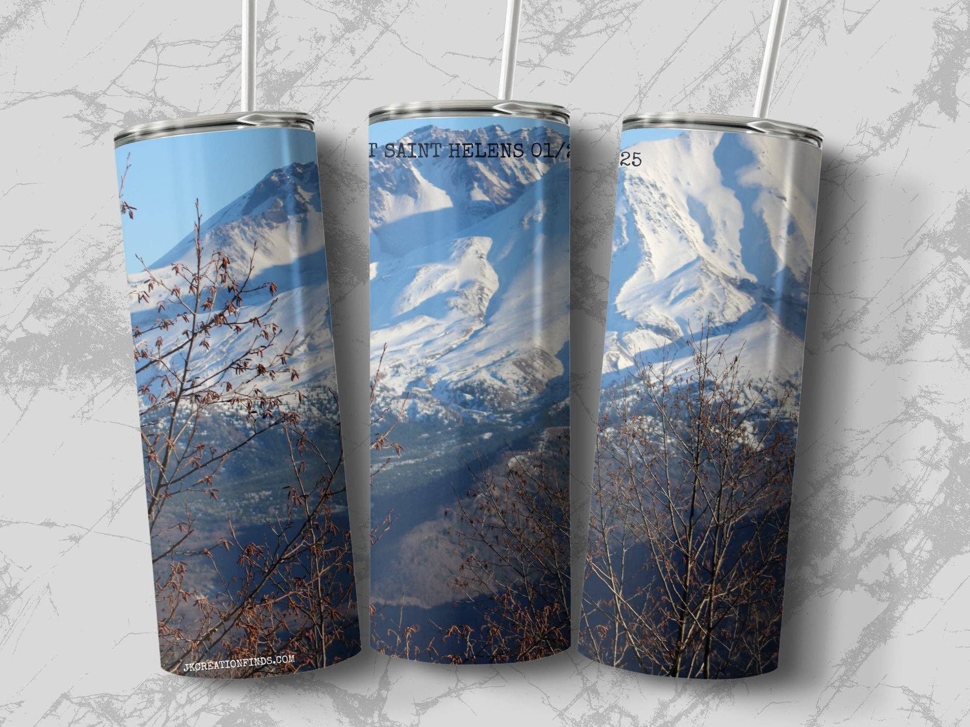 Scenic mountain view tumbler, Mt Saint Helens tumbler, winter snow photo cup, nature lover travel mug, outdoor adventure drinkware