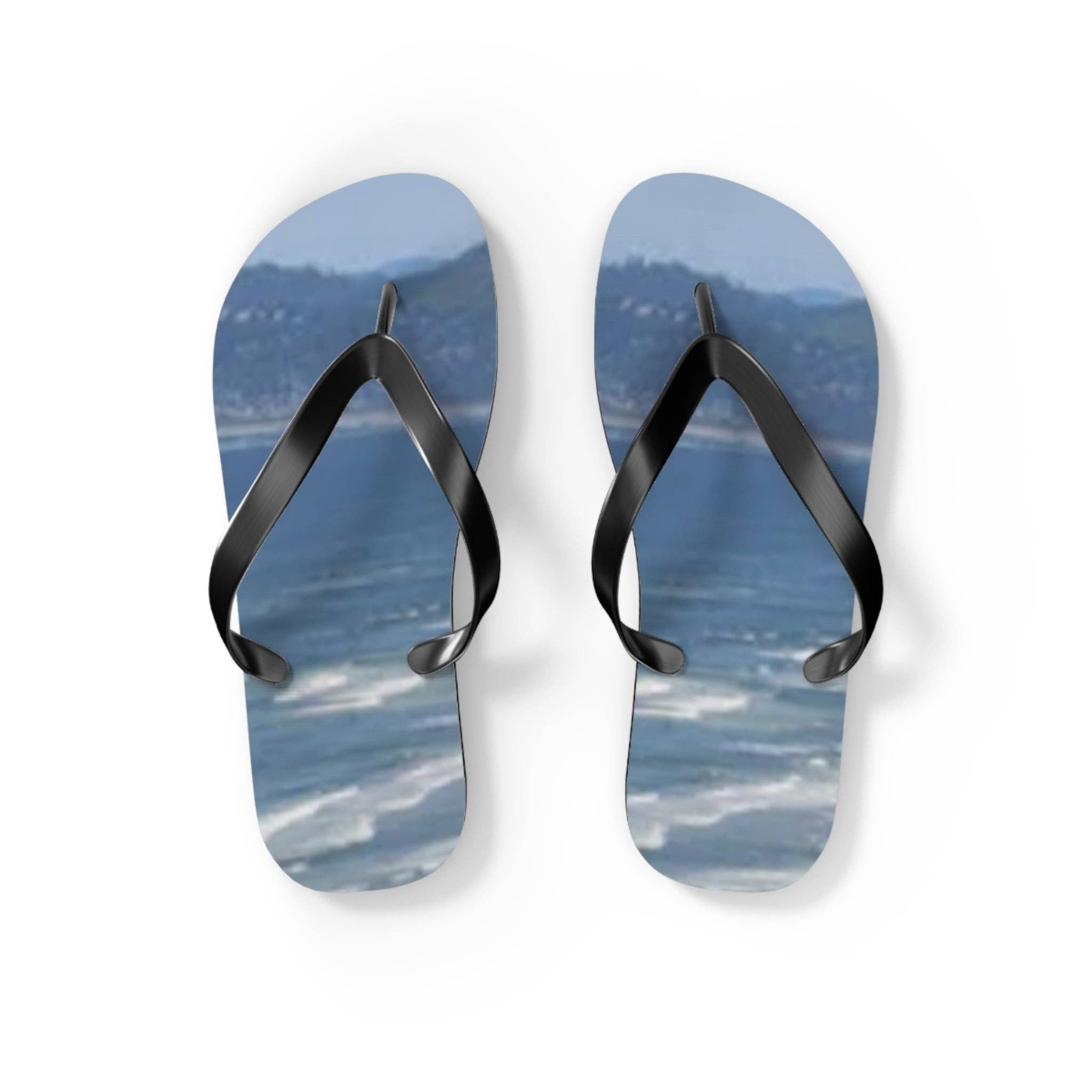 Ocean Waves Beach Flip Flops, Coastal Landscape Sandals, Summer Vacation Footwear, Nature Lover Gift for Her, Relaxing Seaside Vibe