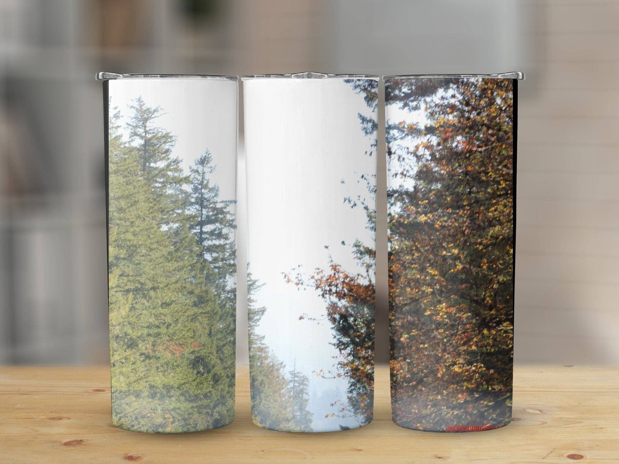 Scenic Forest Tumbler, Nature Lover's Drinkware, Trees and Autumn Leaves, Outdoor Adventure Gift, Customizable Tumbler