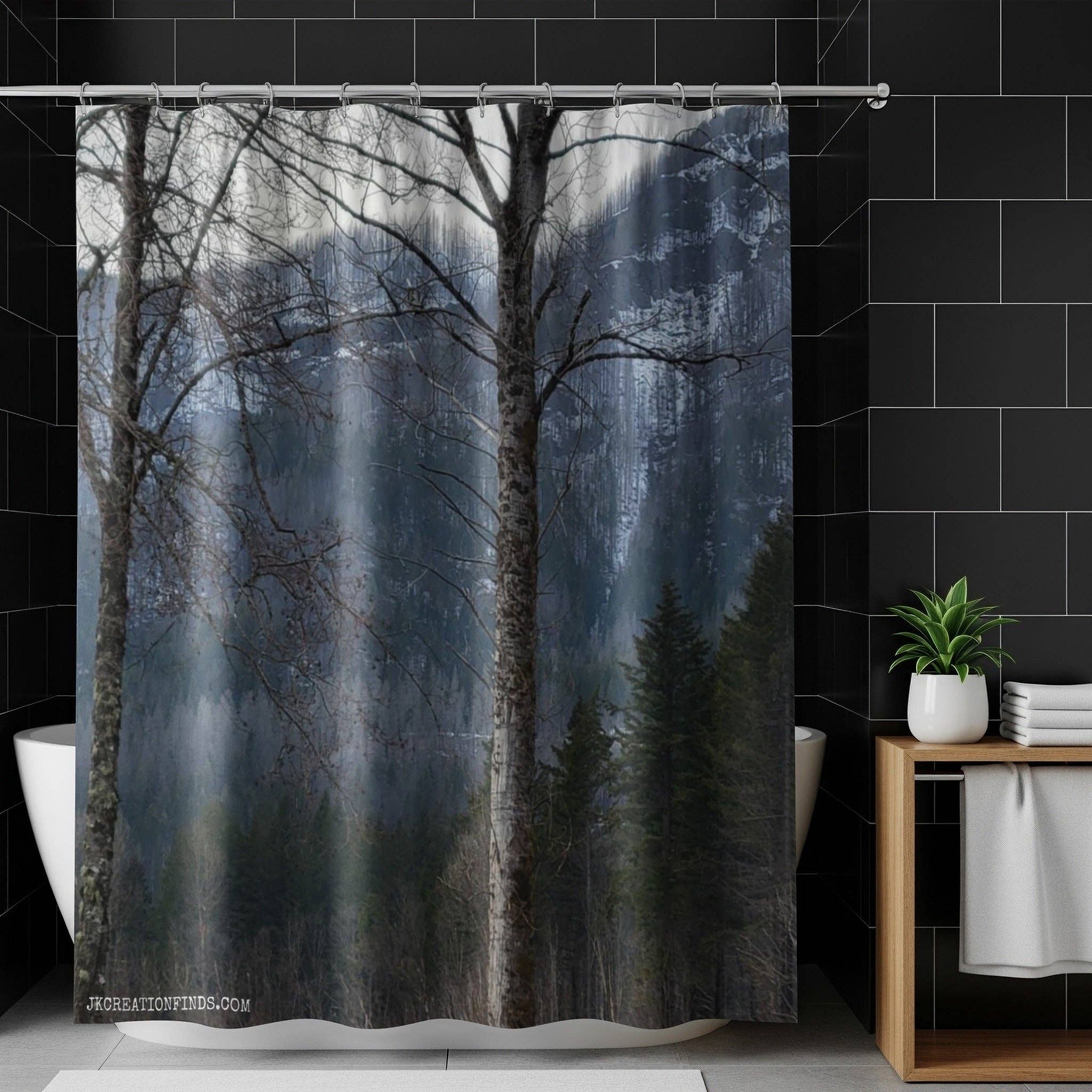 Winter Forest Shower Curtains, Mountain View, Evergreen Trees, Nature Inspired Bathroom Decor, Rustic Home Accent, Unique Bathroom Design