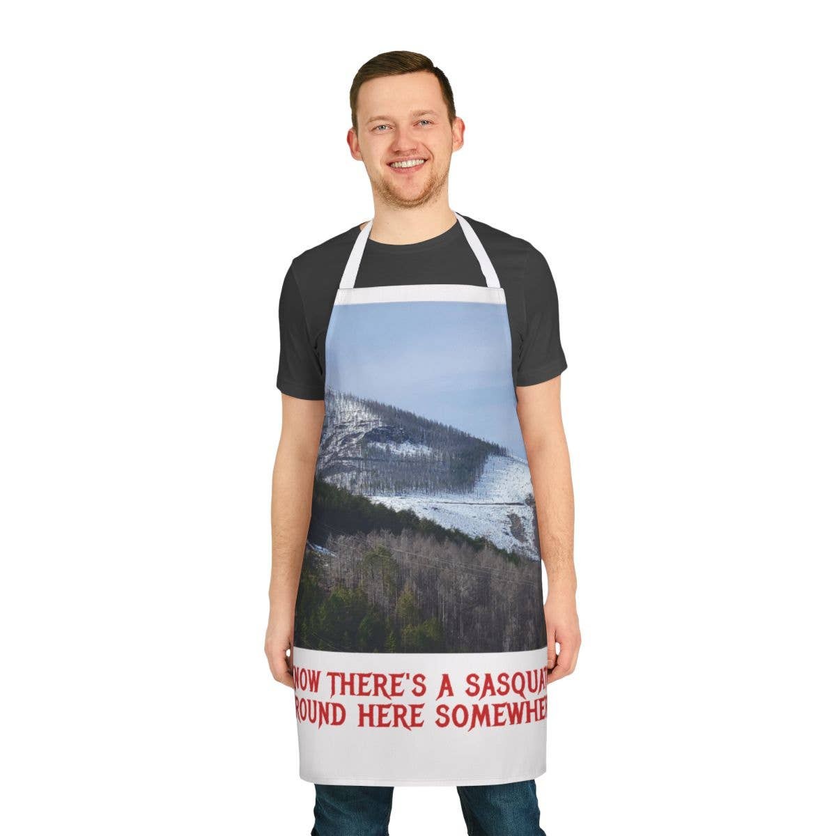Sasquatch Mountain Apron, Bigfoot Snowy Landscape Humor, Funny All Over Print Kitchen Apron, 5-Color Straps Cook Gift, Nature Lover