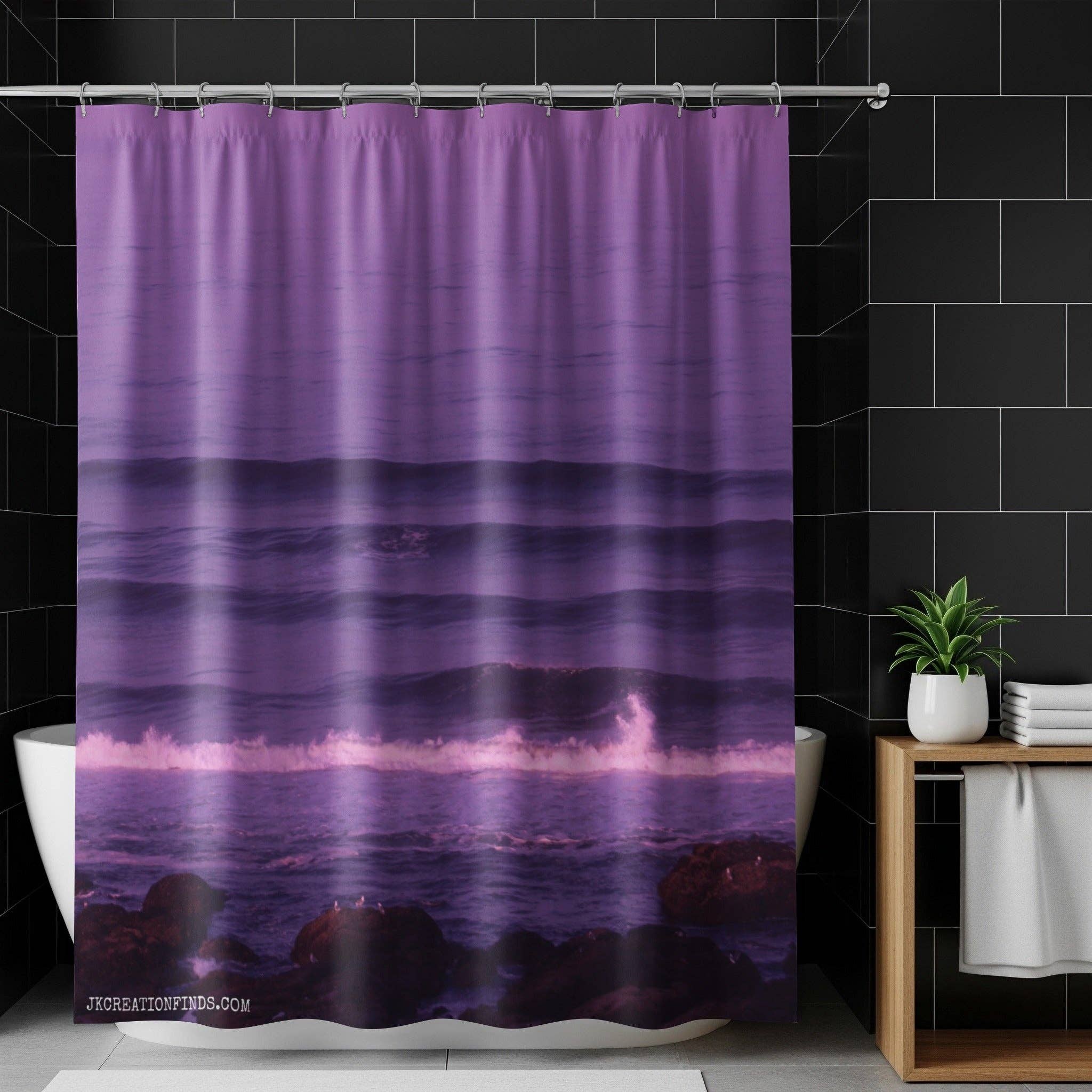 Purple Ocean Shower Curtains, Ocean Waves Artwork, Coastal Home Decor, Beach Bathroom, Sea Landscape, Nature Inspired Design