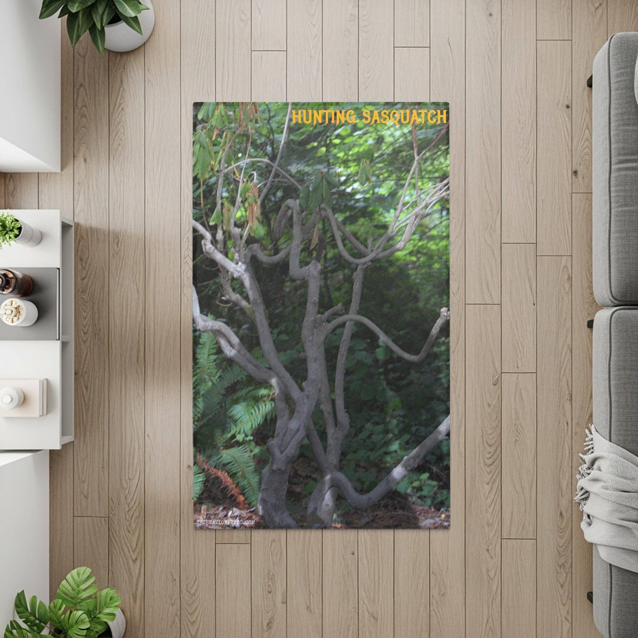 Sasquatch Area Rug, Bigfoot Hunt Rug, Cryptozoology Decor, Customizable Rug, Funny Home Decor, Mythical Creature Rug, Sasquatch Gift