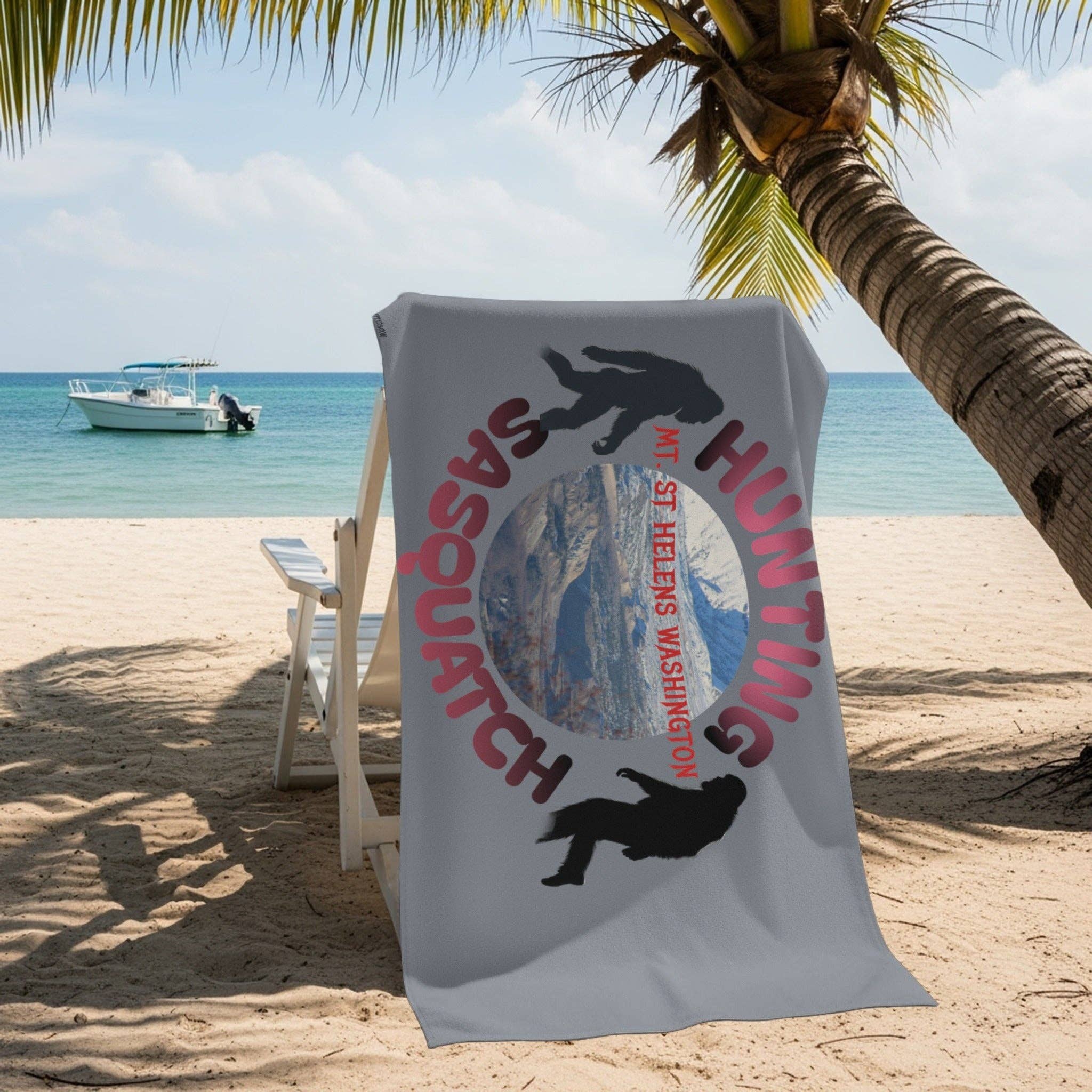 Sasquatch Beach Towel, Hunting Mt St Helens Washington, Bigfoot Gift, Customizable Towel, Add a Name, Beach Decor, Cryptozoology Fan Gift
