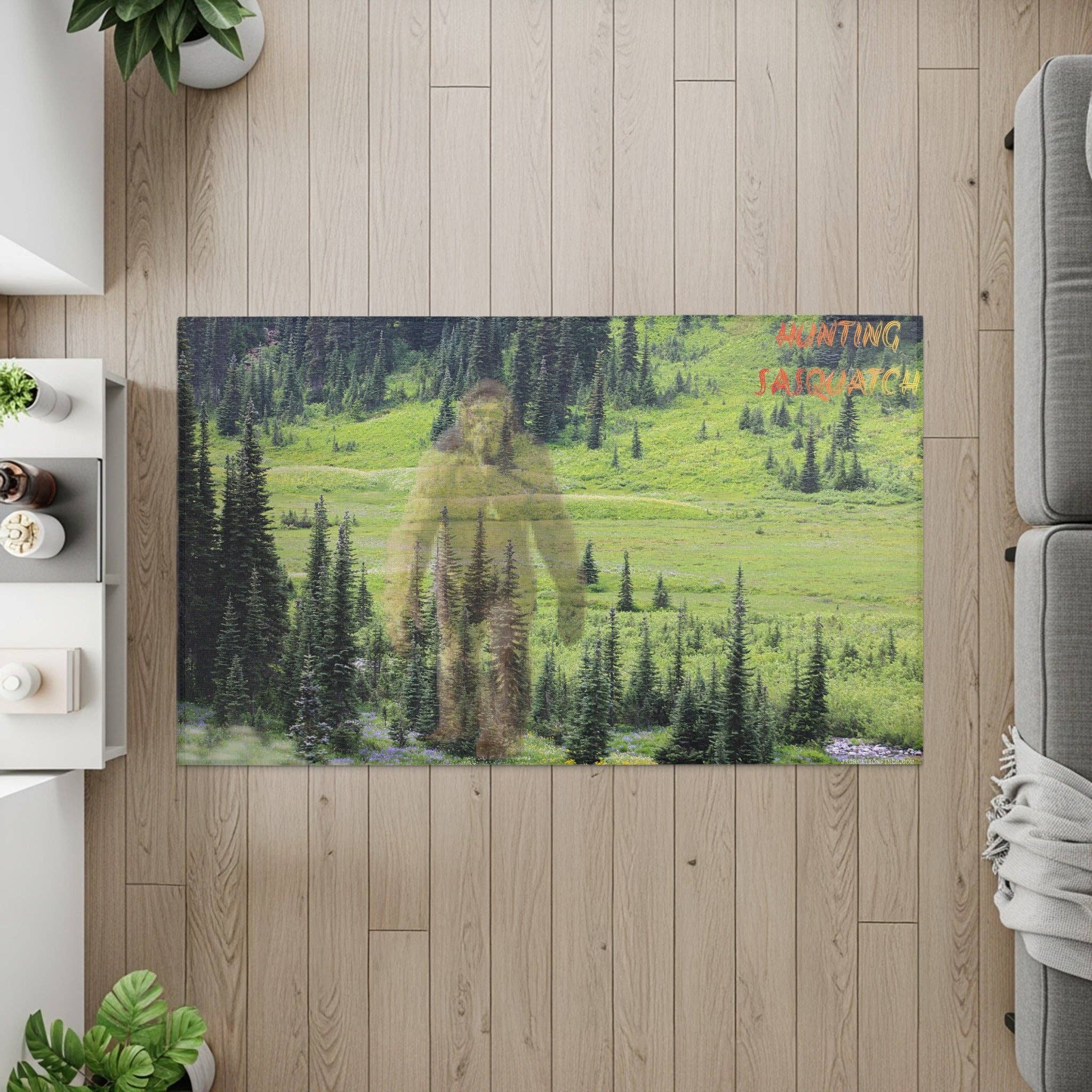 Sasquatch Area Rug, Bigfoot in Woods Rug, Editable Name Rug, Mountain Forest Rug, Mt Rainier Area Rug, Washington State Decor