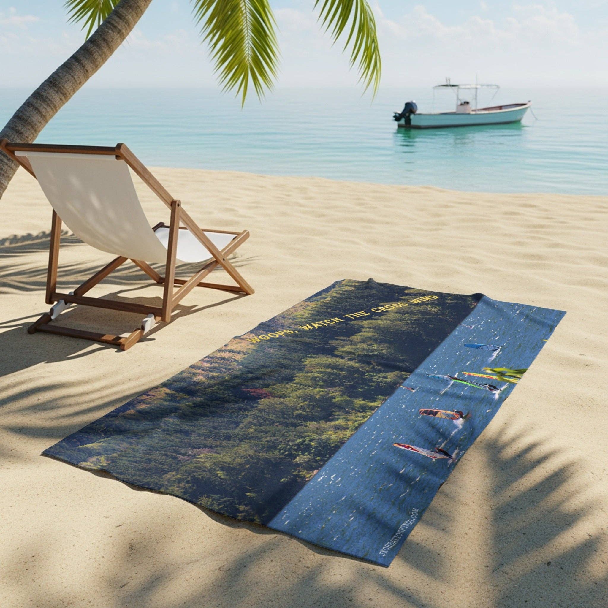 Windsurfing Beach Towel, Lake Scene, Watch The Cross Wind, Unique Graphic, Gift For Windsurfer, Outdoor Adventure, Water Sports