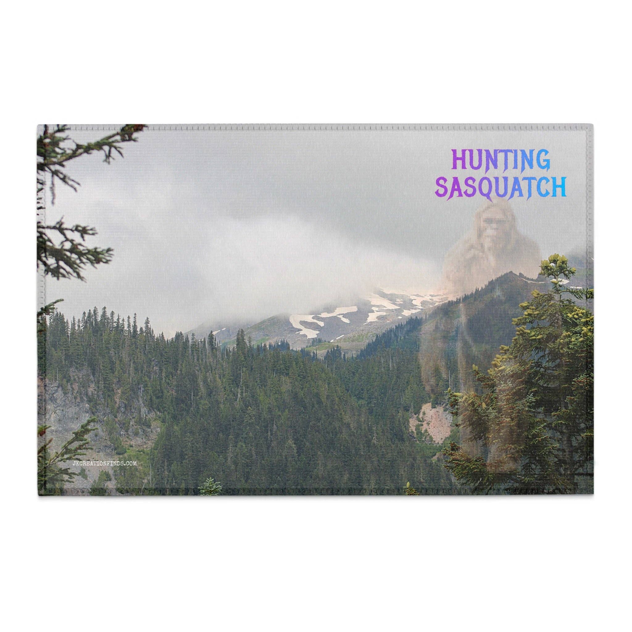 Sasquatch Area Rugs, Hunting Bigfoot Rugs, Mt Rainier Rugs, Forest Editable Rugs, Customizable Gift Rugs, Personalized Phrase Rugs
