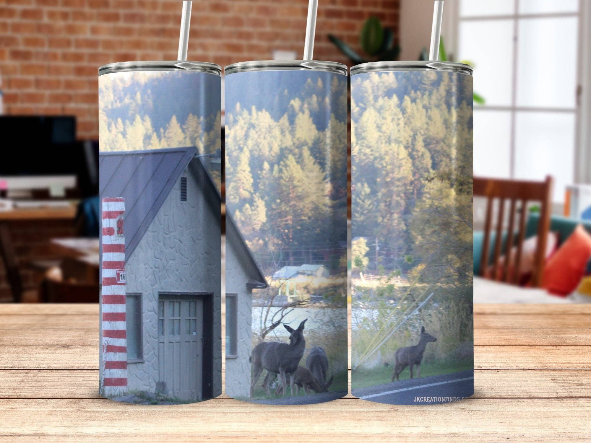 Scenic wildlife tumbler, Nature-inspired travel mug, Outdoor adventure drinkware, Deer forest scene tumbler, Gift for nature lovers