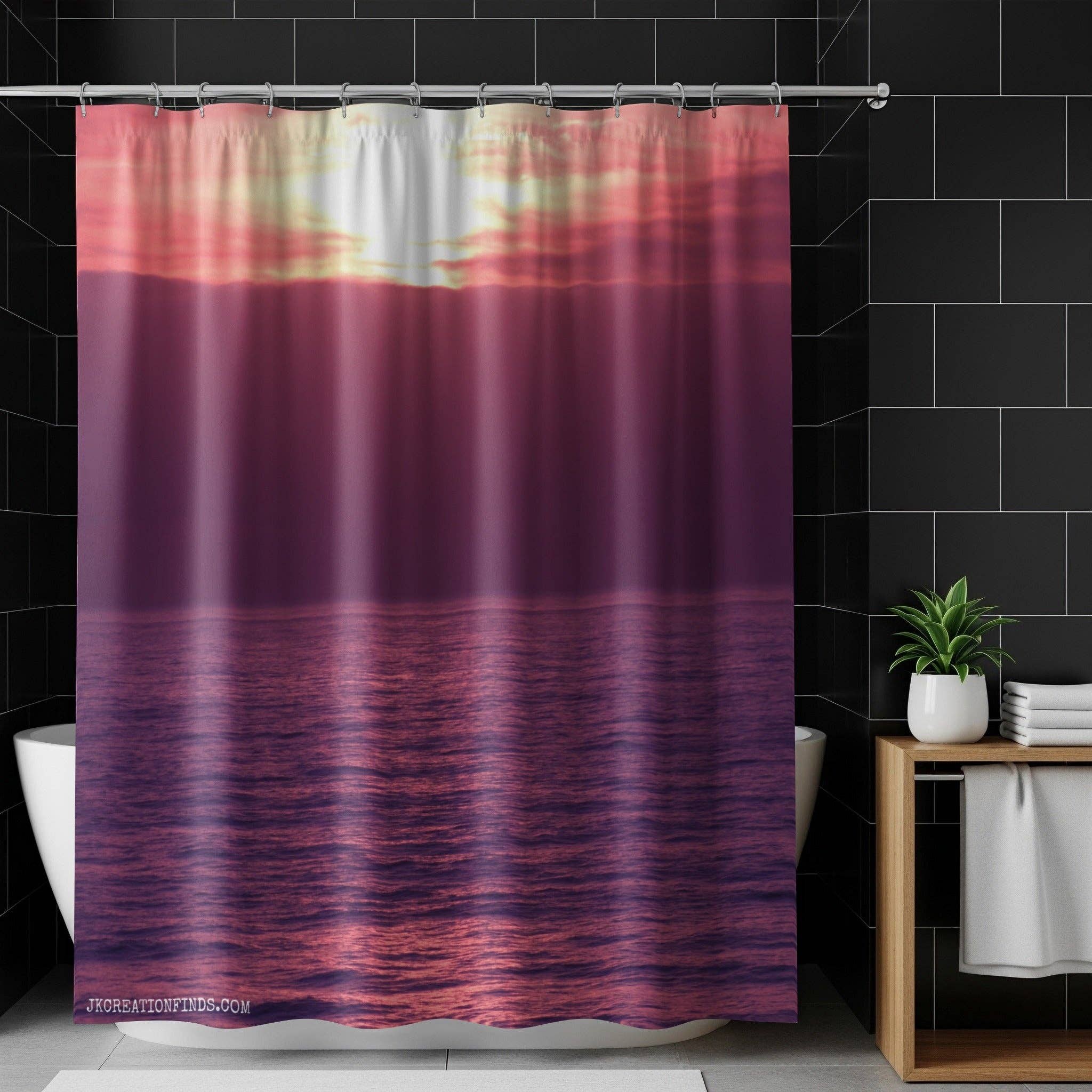 Pink Sunset Ocean Shower Curtains, Calming Sea Scenery, Aesthetic Bathroom Decor, Beach House Style, Relaxing Vibe, Gift Idea