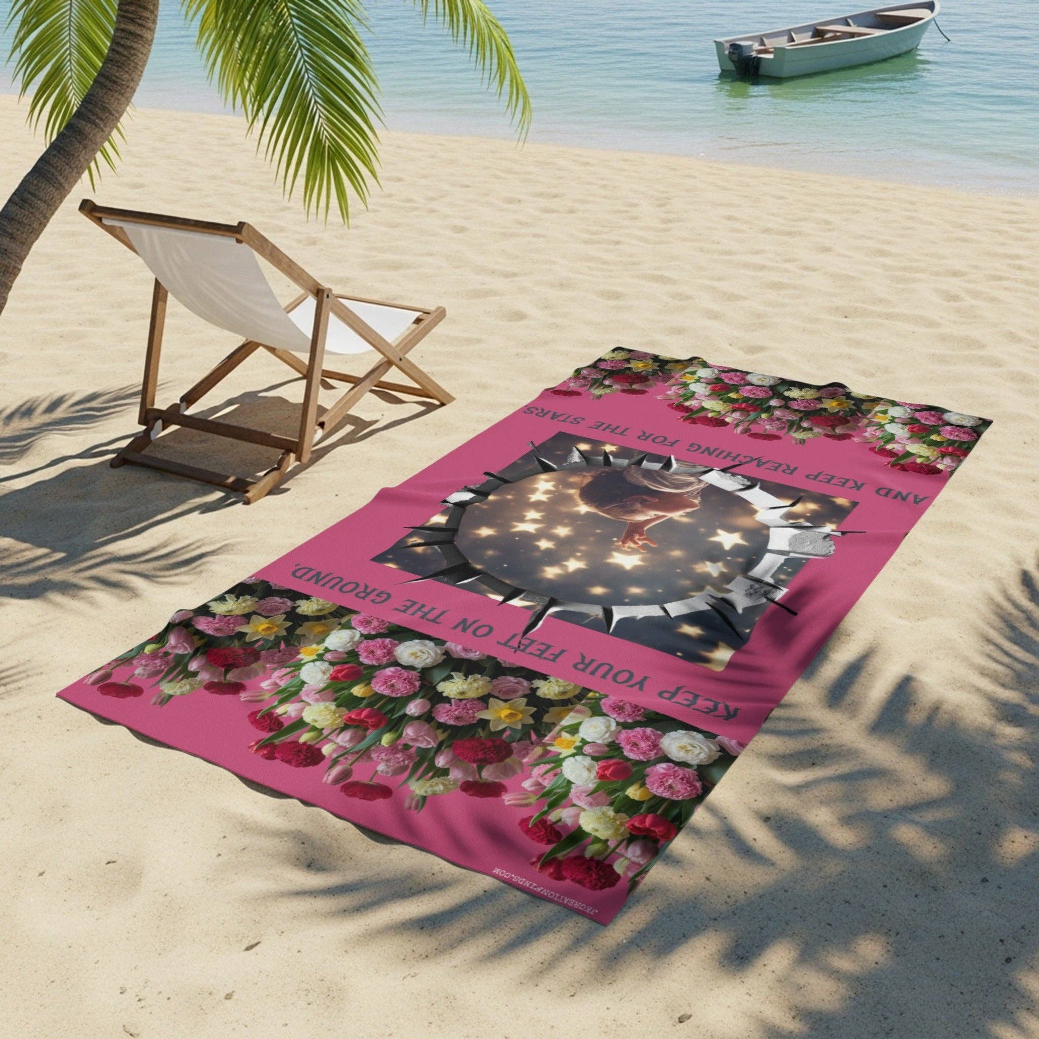 Reaching for Stars BEACH TOWEL, Personalized Gift, Motivational Quote Towel, Pink Floral Design, Custom Name Towel