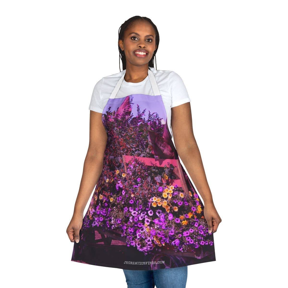 Vibrant Flower Wagon Apron, Lush Garden Floral Print, Artistic Kitchen Apron, All-Over Print Design, 5-Color Straps (AOP), Chef Gift
