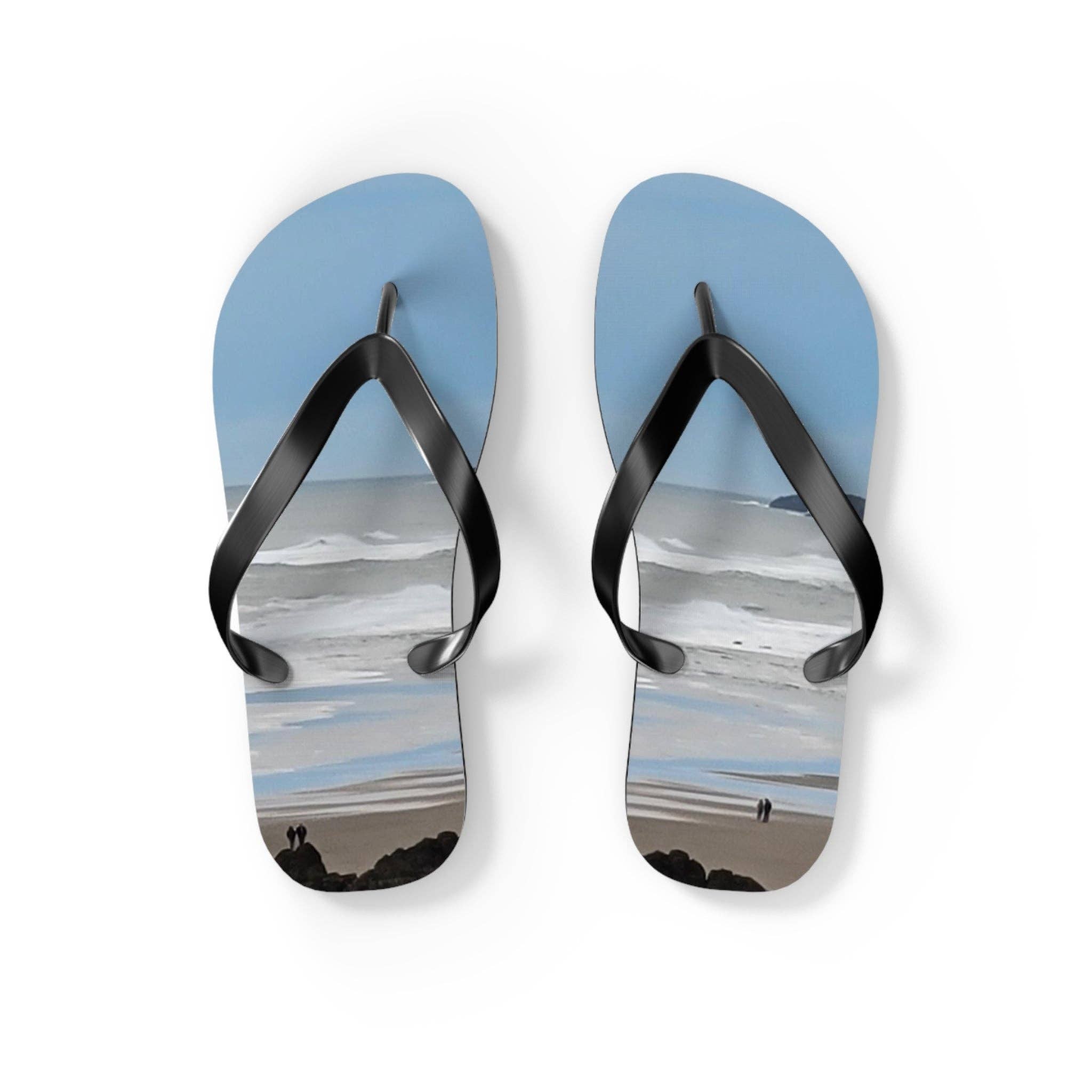Serene Beach Scene Flip Flops, Ocean Waves & Sandy Shore Sandals, Coastal Nature Lover Summer Footwear, Vacation Travel Gift