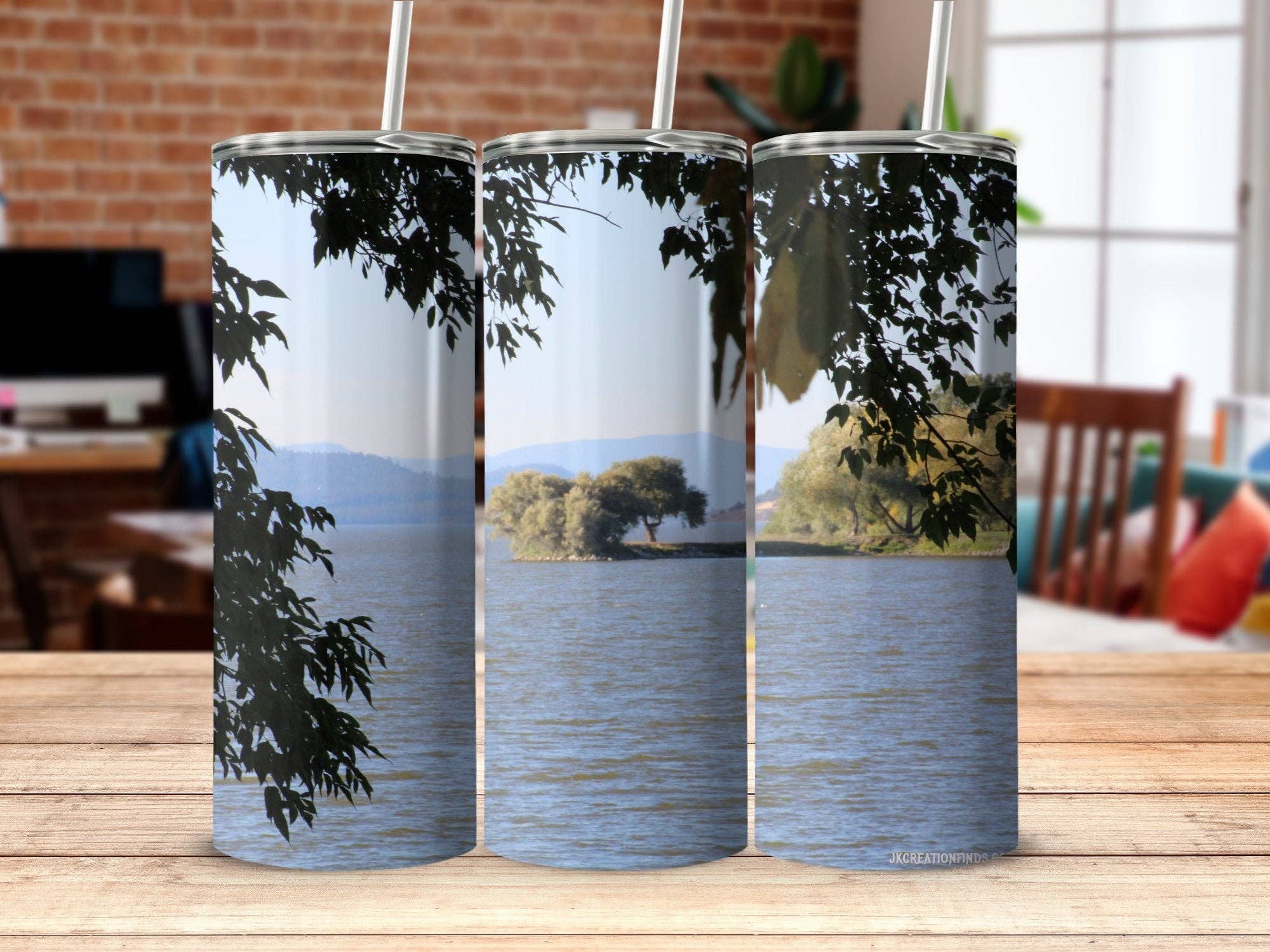 Scenic Lake Island View Tumbler, Beautiful Nature Photography Drinkware, Travel Coffee Cup, Unique Water Scenery Gift, Reusable Beverage