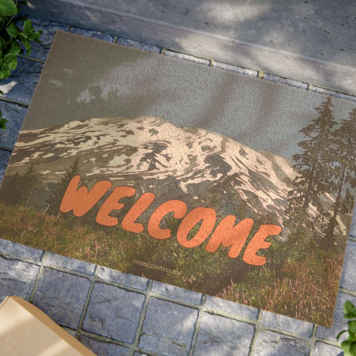 Welcome Doormat, Majestic Snowy Mountain Landscape Entry Mat, Evergreen Forest Nature Scene, Scenic Outdoor Adventure Doormat, Cabin and