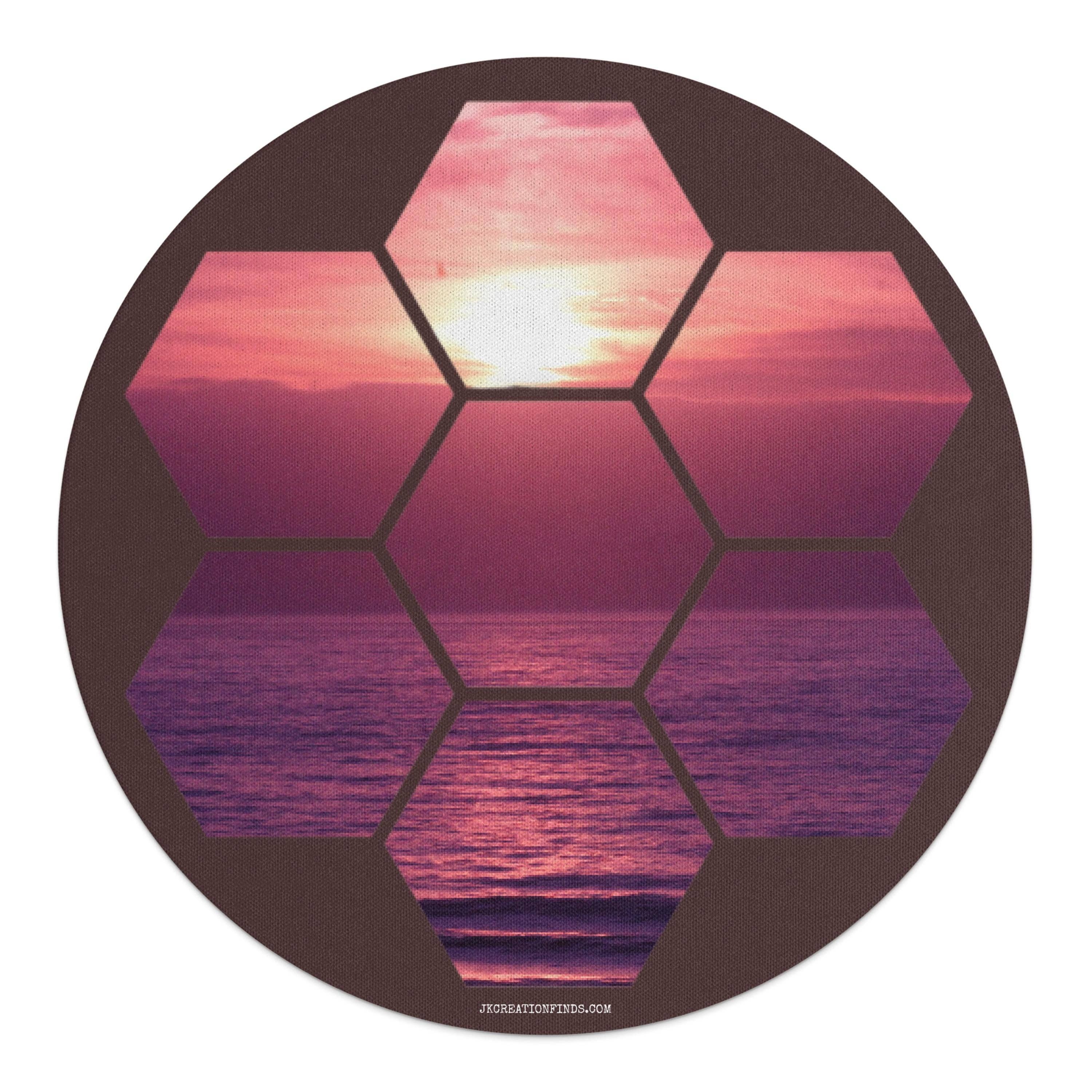 Sunset Beach Hexagonal Design Round Mouse Pad, Sunset Photo Office Accessory, Hexagon Beach Scene Desk Decor, Gift for Coworkers