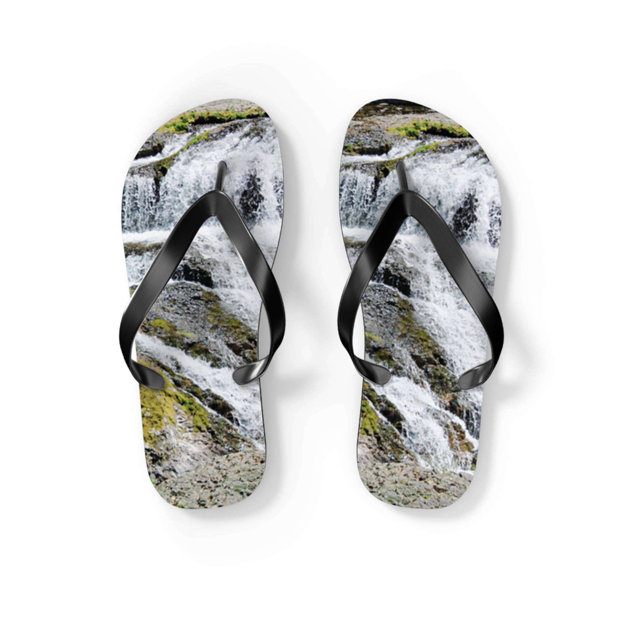 Serene Waterfall Flip Flops, Nature Landscape Beach Sandals, Unique Summer Outdoor Footwear, Water Scene Print Shoes Gift