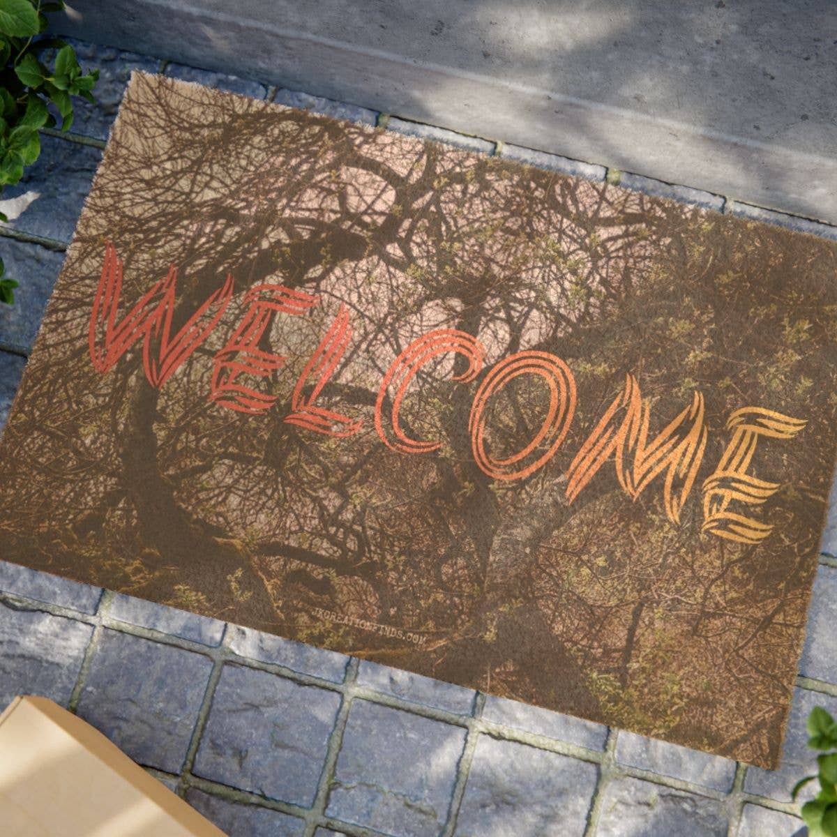 Welcome Doormat, Rustic Tree Branch Entryway Mat, Nature Inspired Spring Home Decor, Vibrant Brush Stroke Welcome Sign