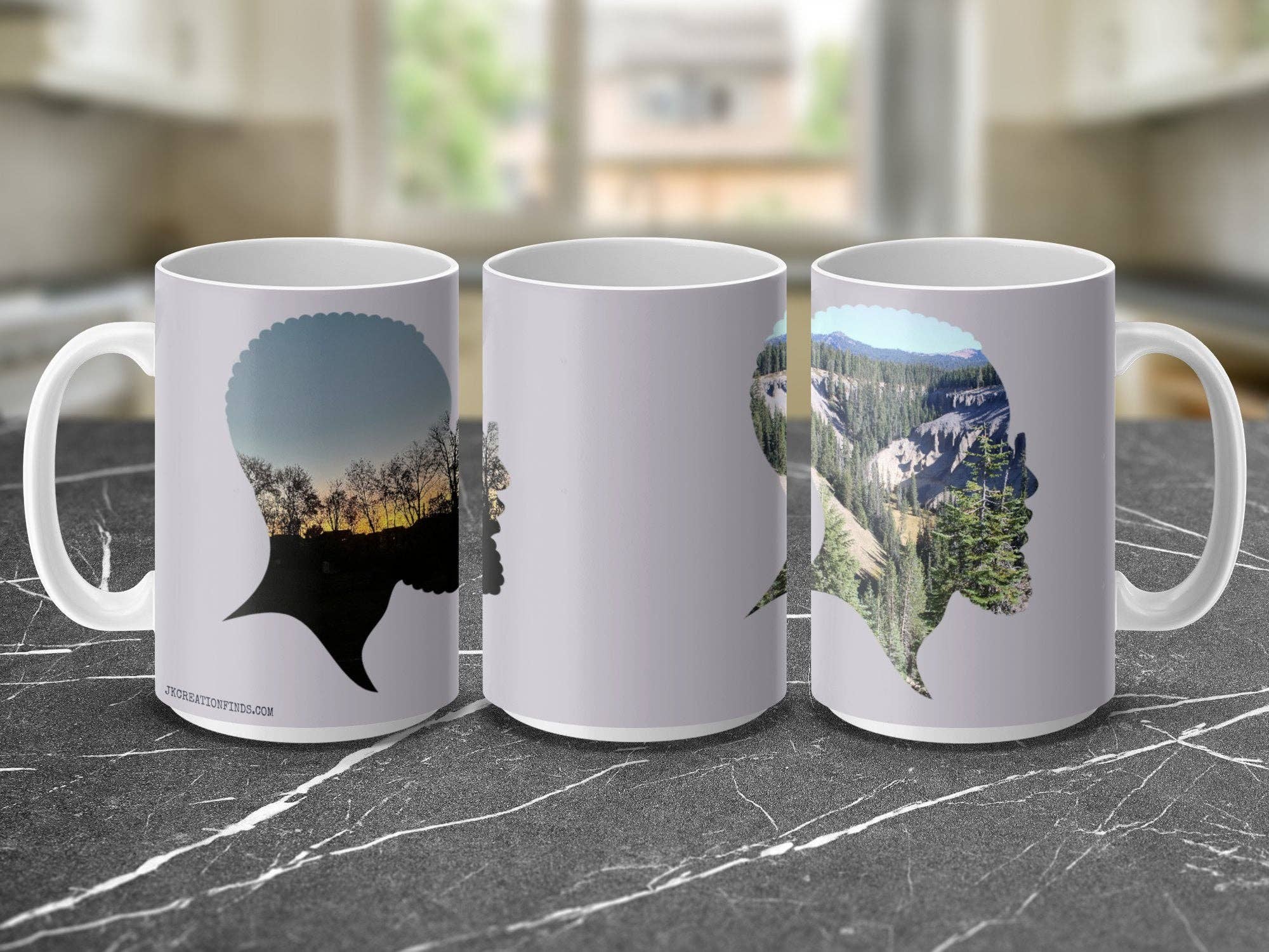 Unique Nature Silhouette Mug, Morning Sunset and Forest Scene, Customizable Personalized Gift, Add Your Message or Name, Perfect Gift
