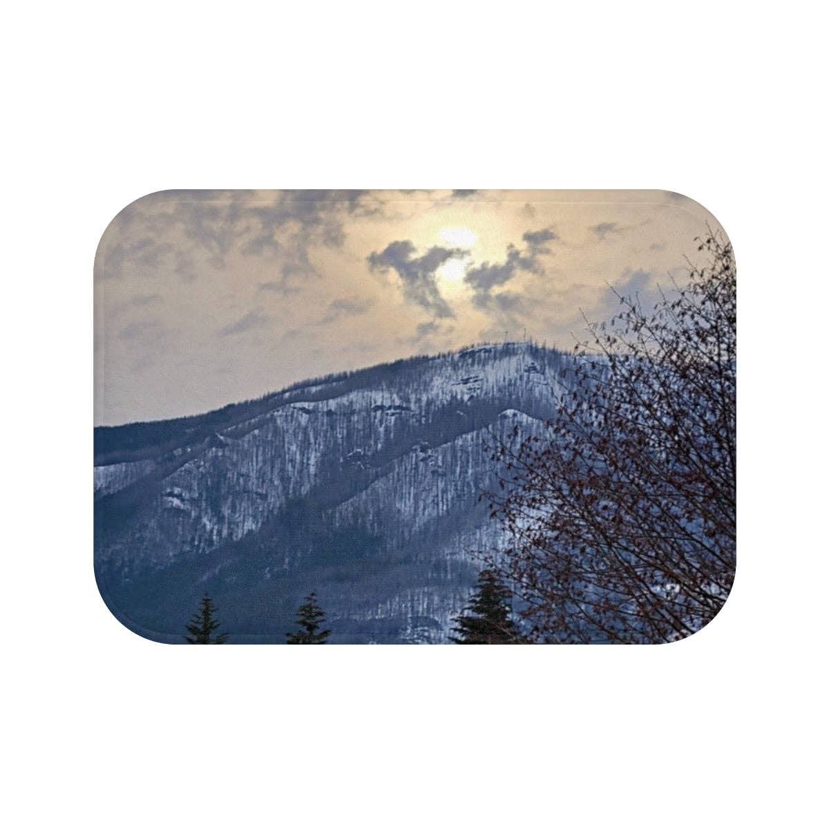 Winter Mountain Scenery Bath Mat, Snowy Mountain Peak Landscape Home Decor, Nature Inspired Bathroom Mat, Mountain View Art Bath Mat