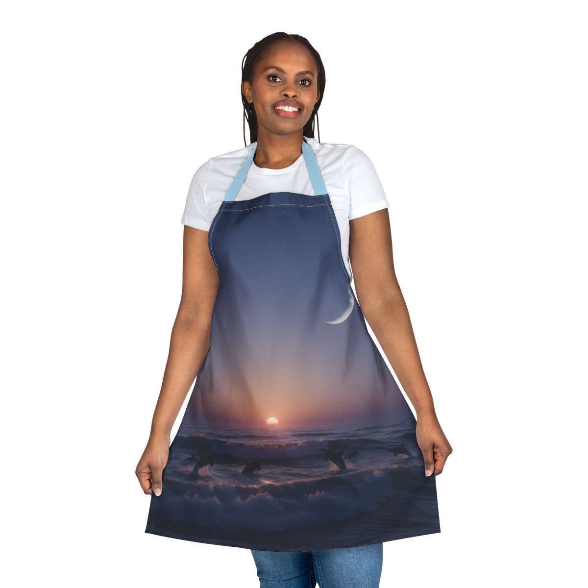 Orca Sunset Apron, 5-Color Straps (AOP), Ocean Lover Gift, Killer Whales, Crescent Moon, Chef Apron, Custom Apron, Personalized Apron
