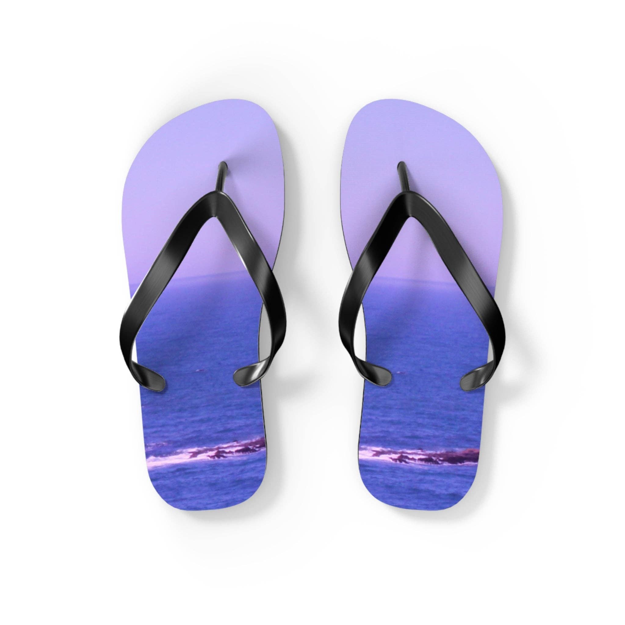 Purple Ocean Seascape Flip Flops | Beach Vacation Footwear for Women | Serene Coastal Aesthetic Sandals | Summer Gift for Him Or Her
