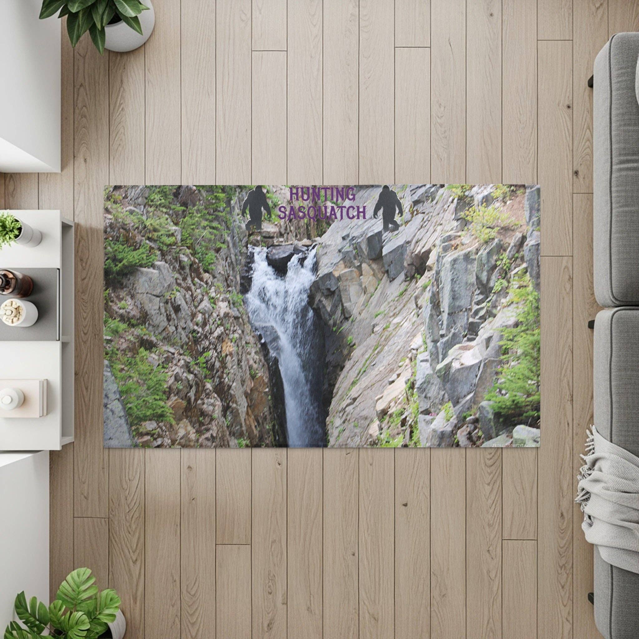 Sasquatch Waterfall Area Rug, Cryptozoology Home Decor, Funny Bigfoot Gift, Add Name Rug, Mt Rainier Decor, Hunting Sasquatch Rug