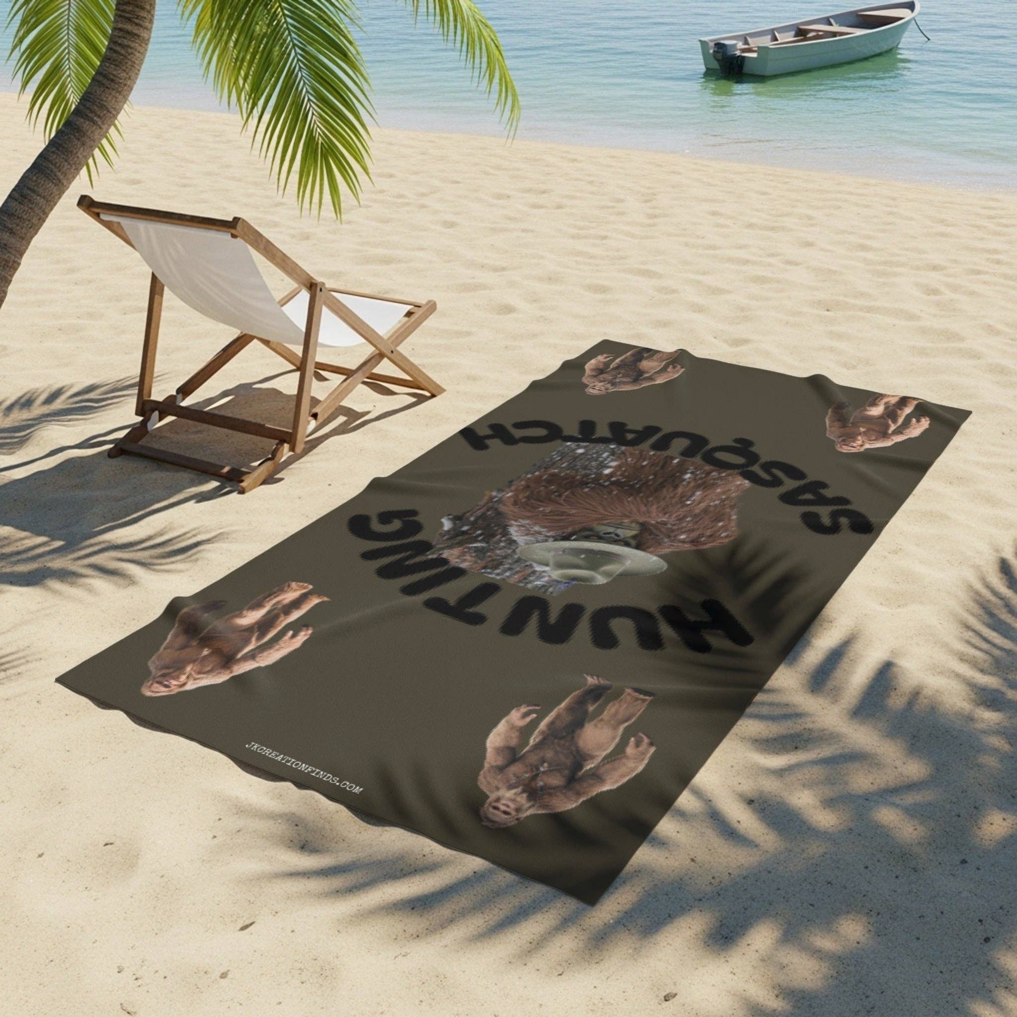 Sasquatch Beach Towel, Funny Bigfoot Hunting Towel, Personalized Beach Towel, Cryptid Beach Decor, Unique Gift, Custom Towel