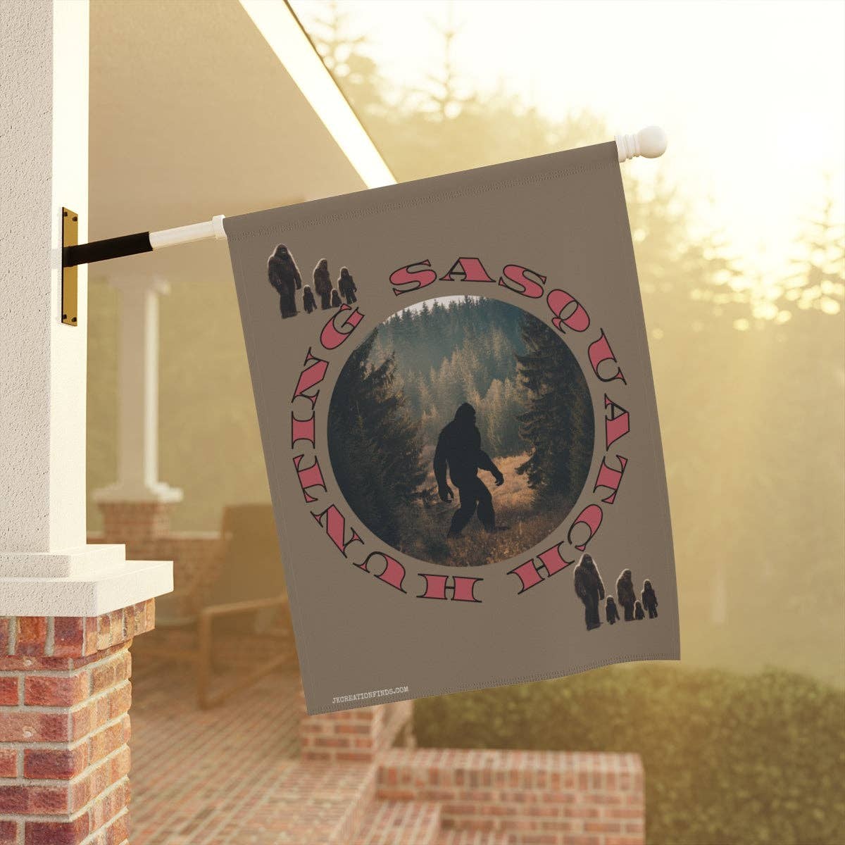 Sasquatch Family Garden Banner, Bigfoot House Flag, Cryptozoology Art, Forest Creature, Mythical Beast, Unique Outdoor Decor