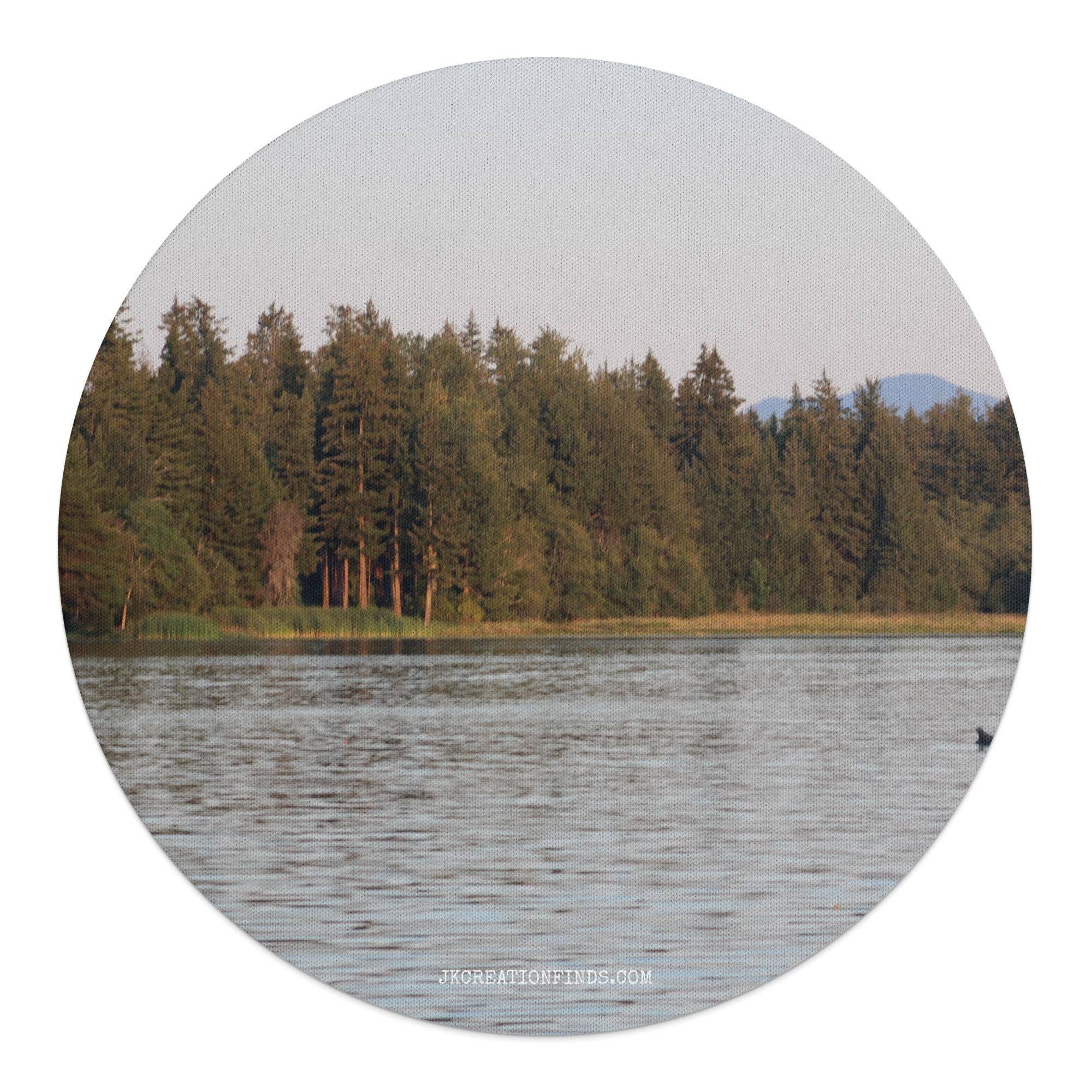 Scenic Forest Lake Mouse Pad, Round Mouse Pad for Desk, Nature Landscape Office Decor, Beautiful Forest Scene, Computer Accessories